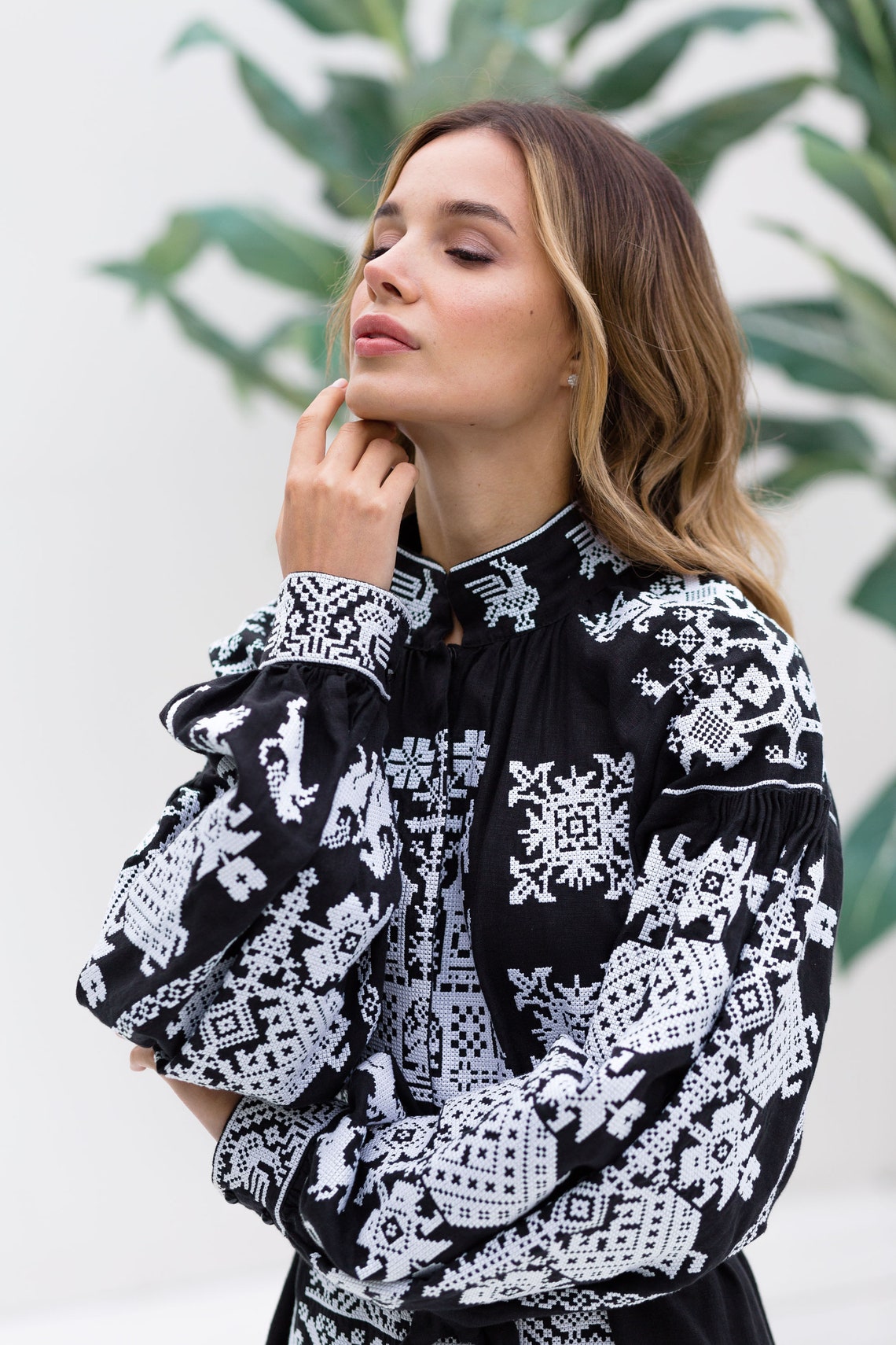 Elegant embroidered dress Black kaftan with Ukrainian embroidery Vyshyvanka Bohemian holiday gown