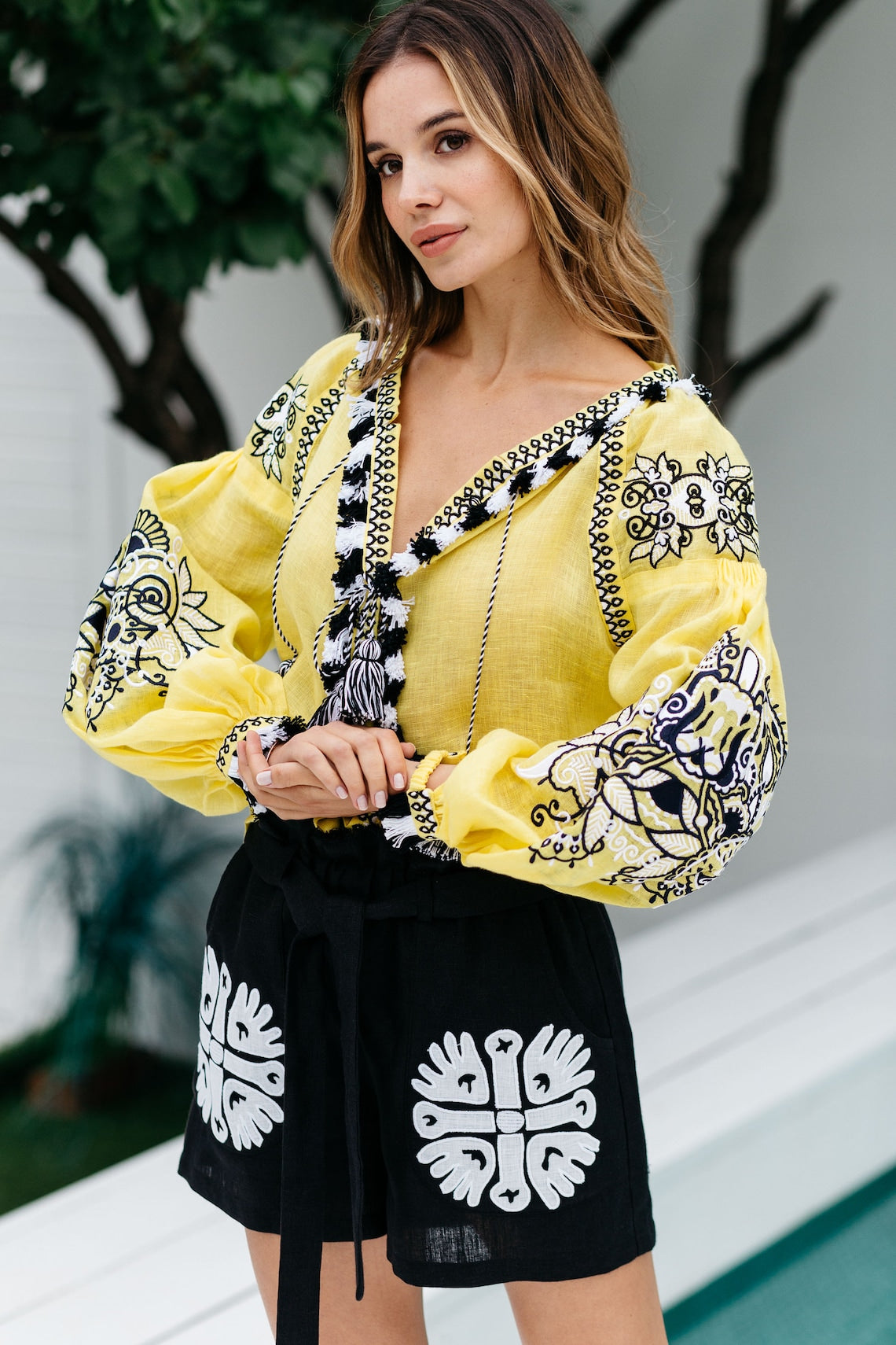 Summer boho outfit set: Embroidered blouse & shorts