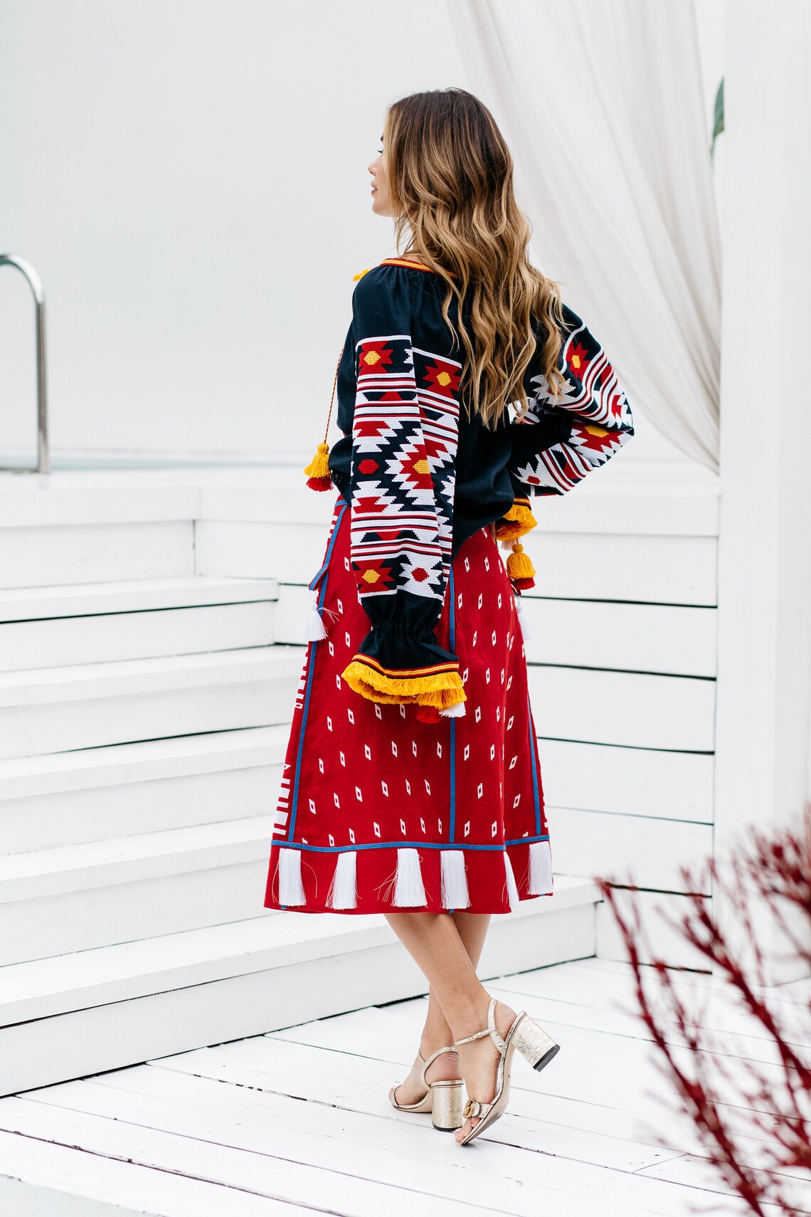 Linen outfit set with ethnic embroidery: Blouse & Midi skirt