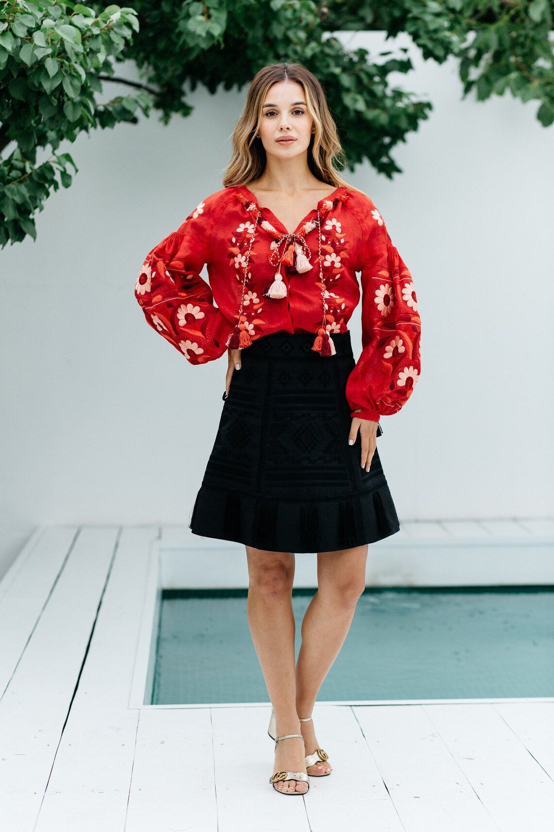 Ethnic boho blouse and skirt set Custom embroidered linen clothing