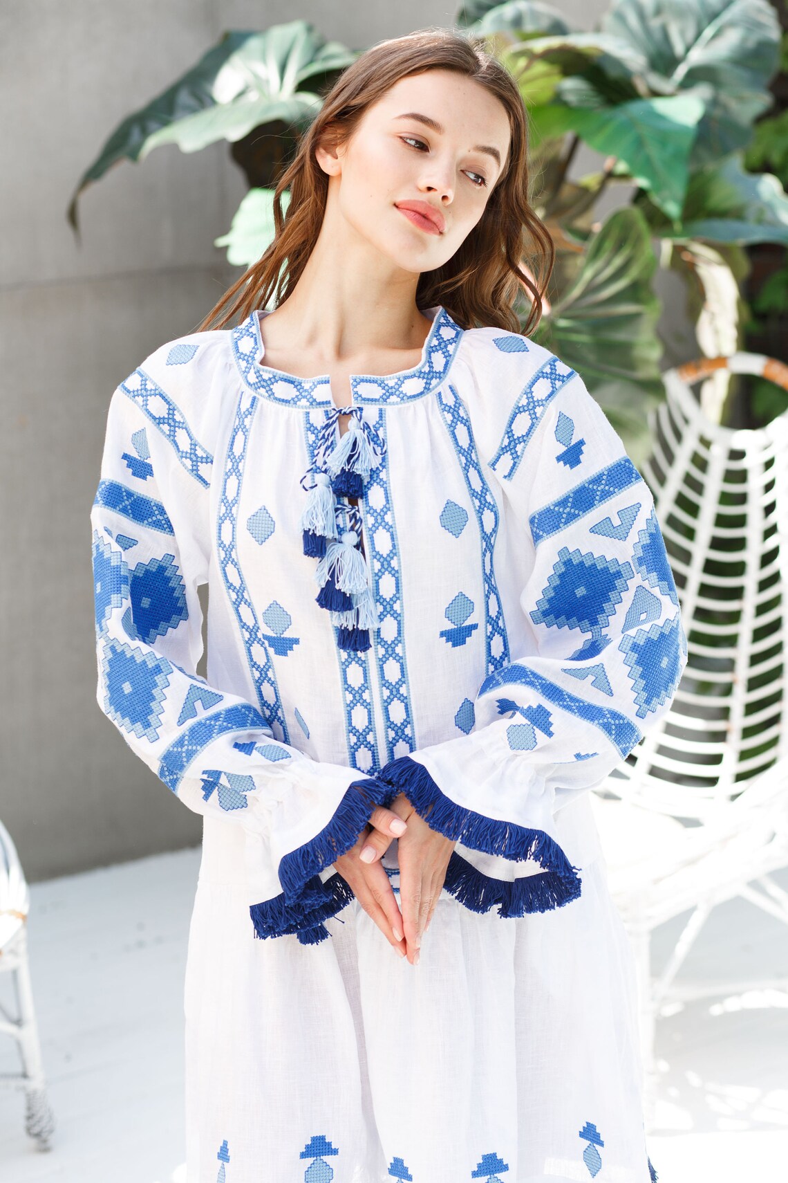 Linen tunic with abstract flower pixel embroidery Festival mini dress