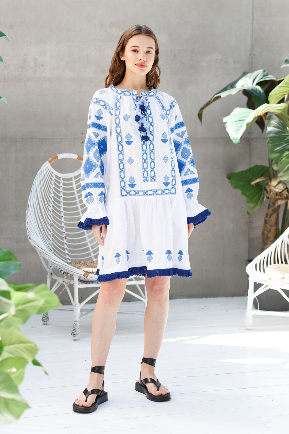 Linen tunic with abstract flower pixel embroidery Festival mini dress