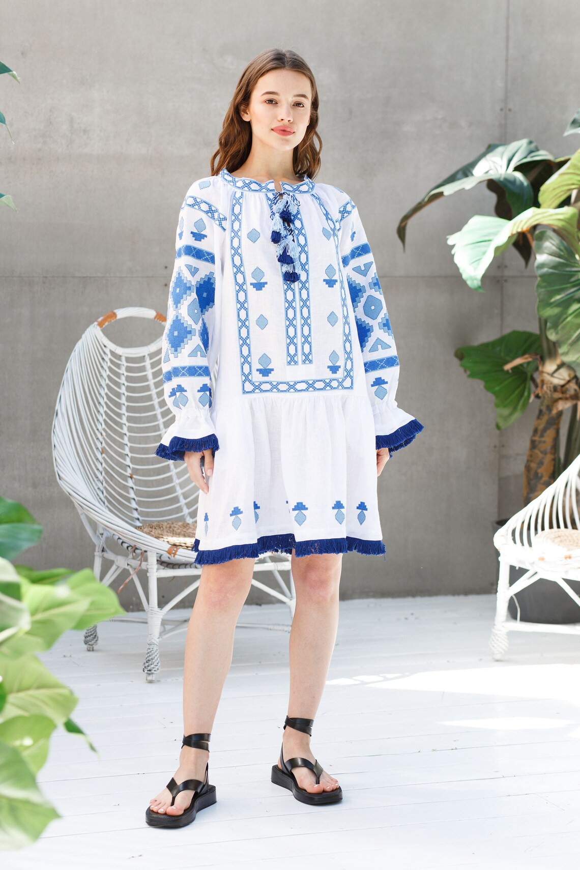 Linen tunic with Ukrainian embroidery Vyshyvanka Embroidered bohemian dress Festival mini robe