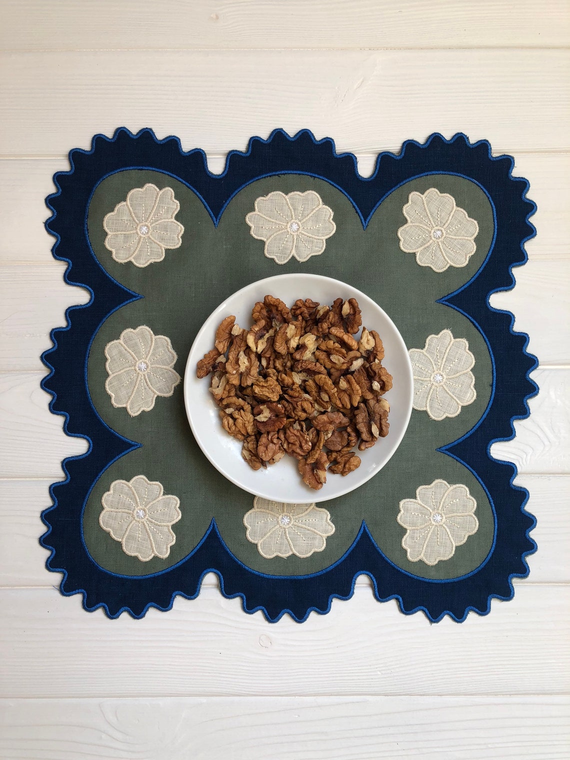 Wave scallop embroidered linen napkins Organic gift