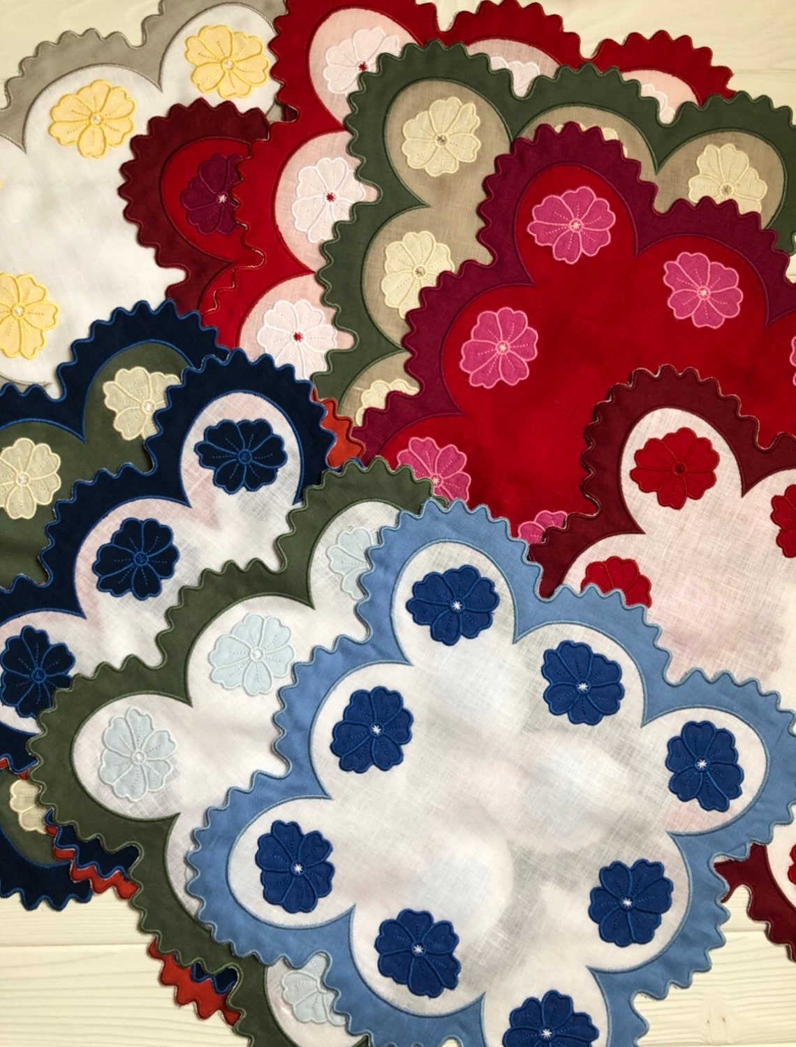 Wave scallop embroidered linen napkins Organic gift