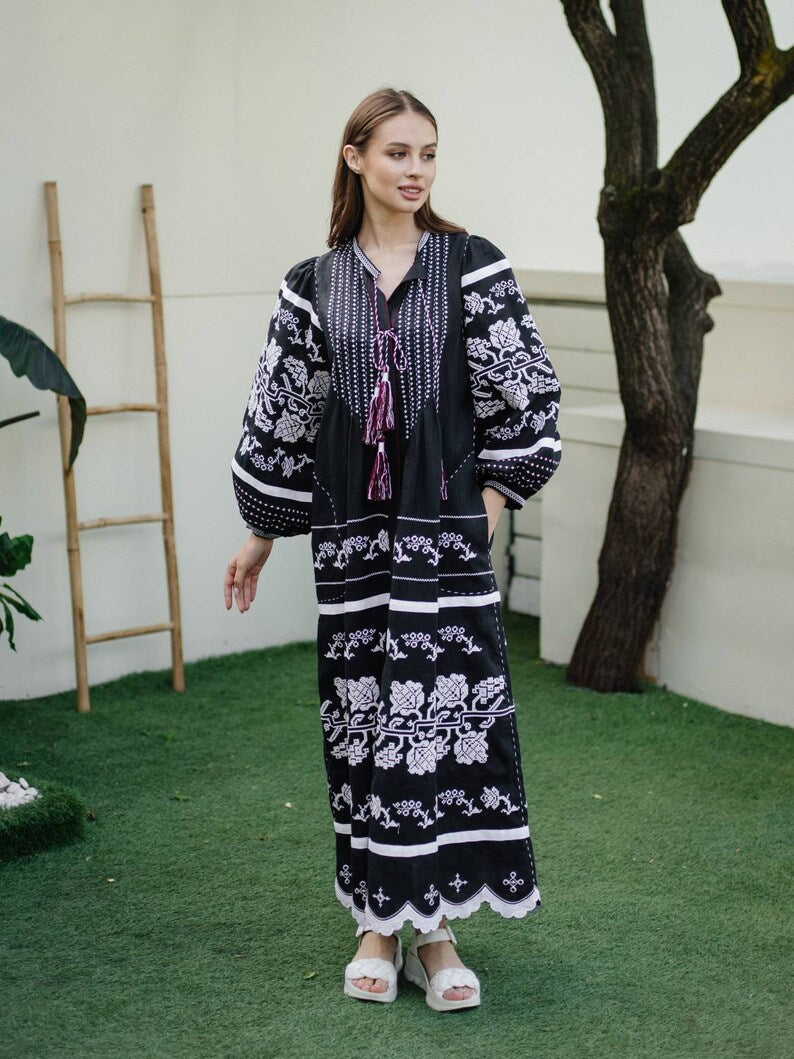 Summer linen dress Embroidery Black currant