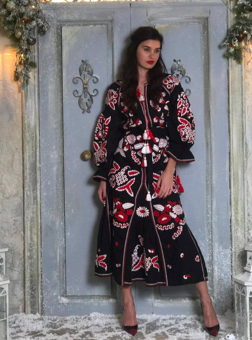 Black linen summer dress Grapevine embroidery