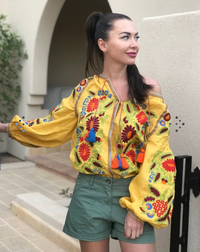 Fashion boho blouse Vyshyvanka with floral embroidery Bohemian embroidered shirt top