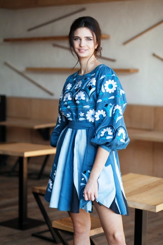 Casual floral embroidered mini dress Vyshyvanka bohemian summer gown