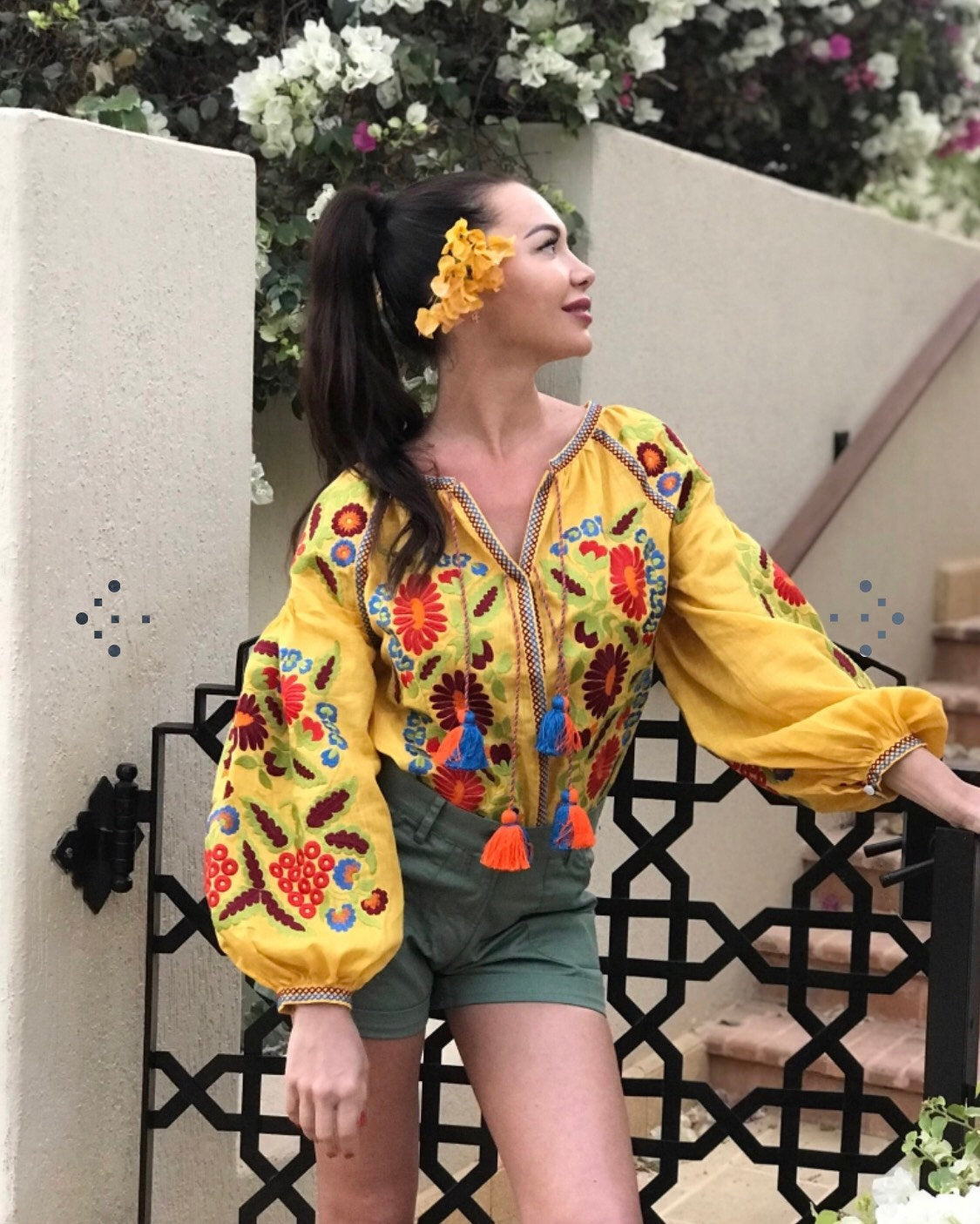 Fashion boho blouse Vyshyvanka with floral embroidery Bohemian embroidered shirt top