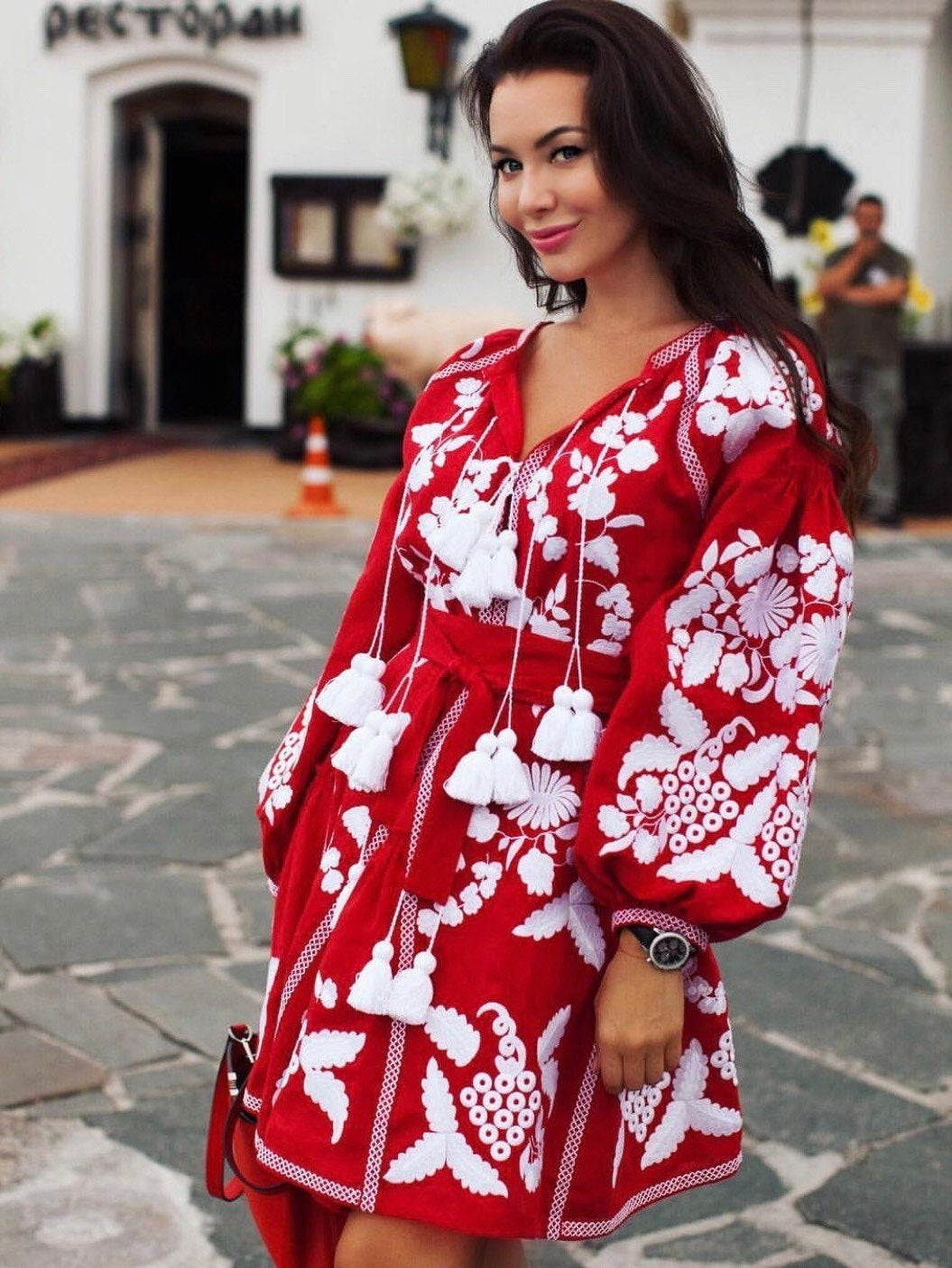 Summer linen mini dress Monochrome grapes embroidery