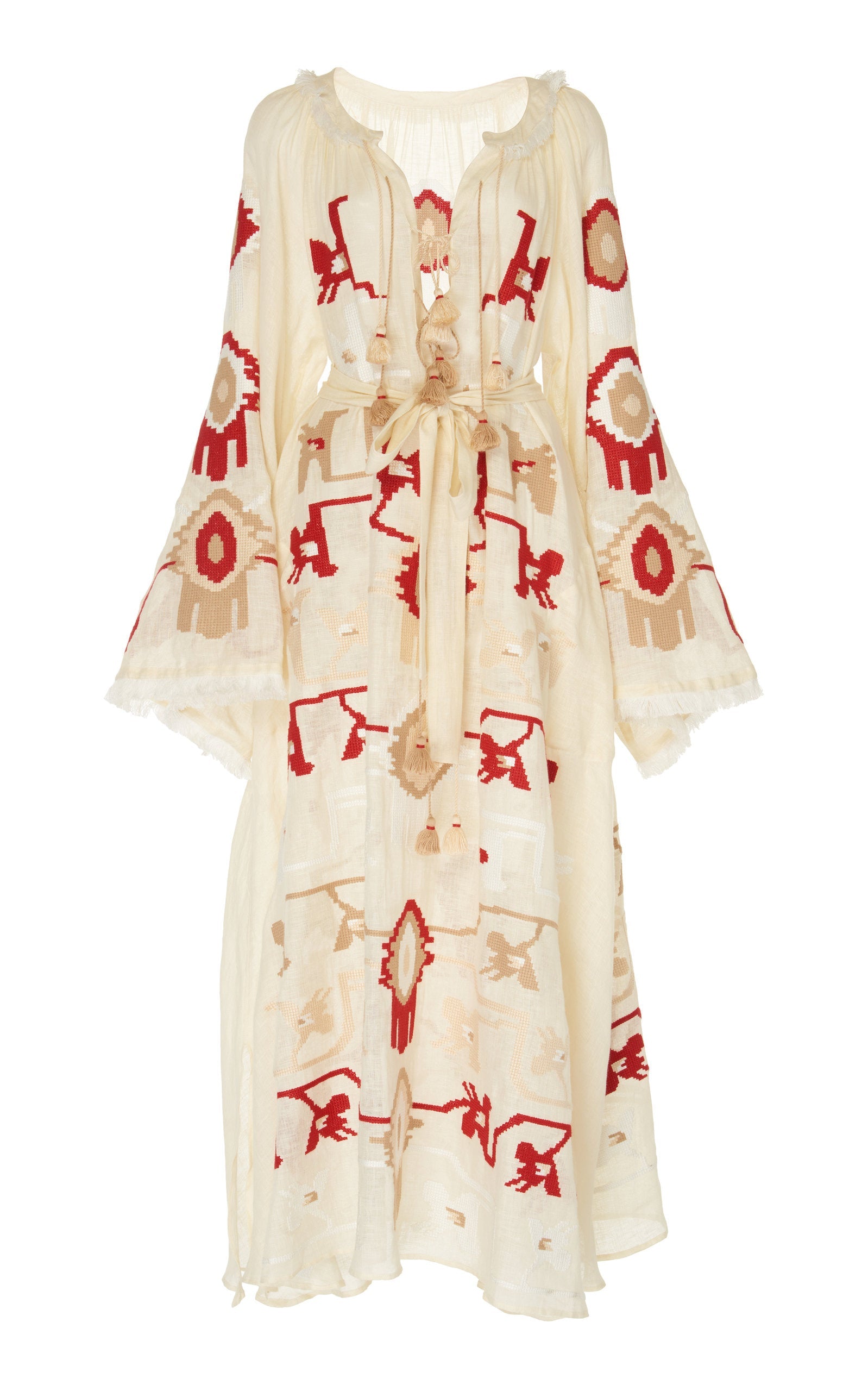 Embroidered ivory linen dress with floral embroidery Bohemian beach gown