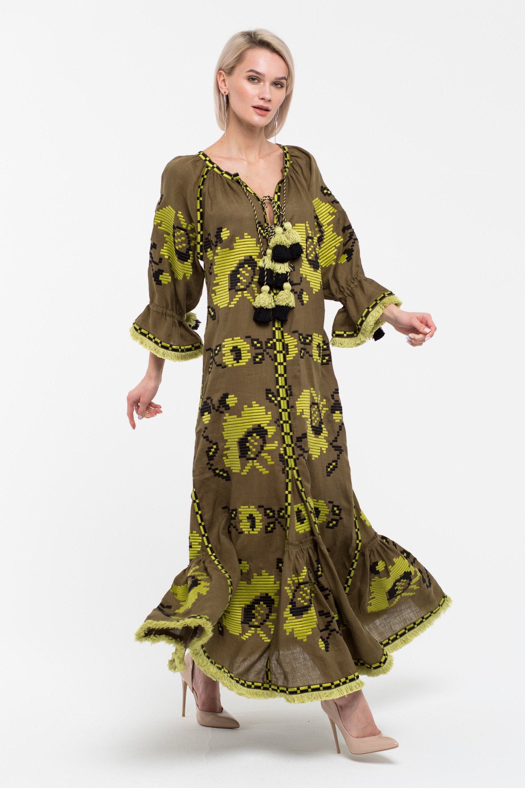 Embroidered Dress Fashion Floral Embroidery Kaftan S / Green / Floor
