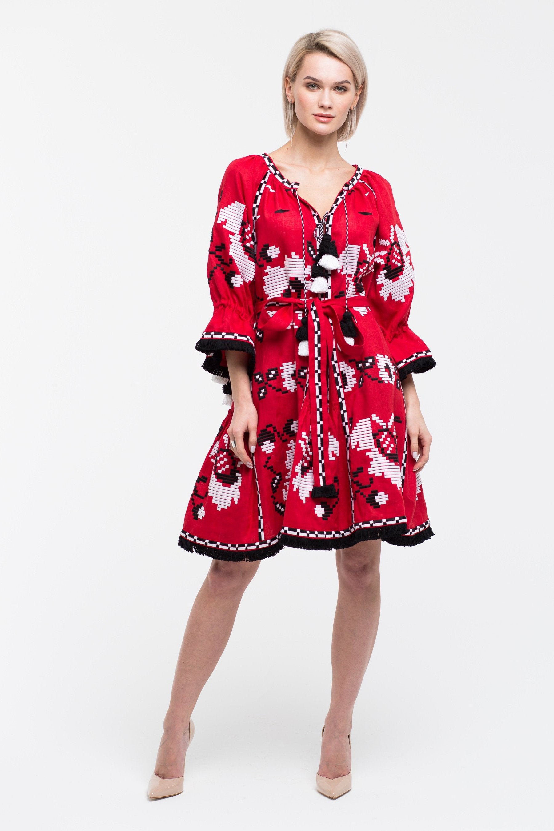 Floral embroidered red linen dress Bohemian outfit XS / Mini