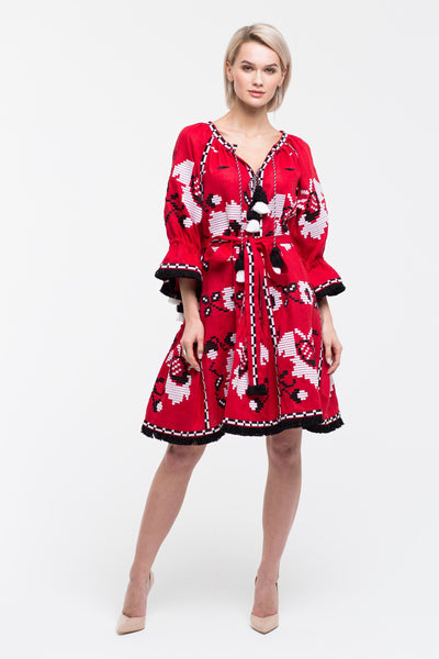 Floral embroidered red linen dress Bohemian outfit