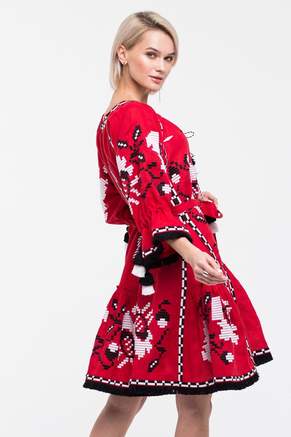 Floral embroidered red linen dress Bohemian outfit