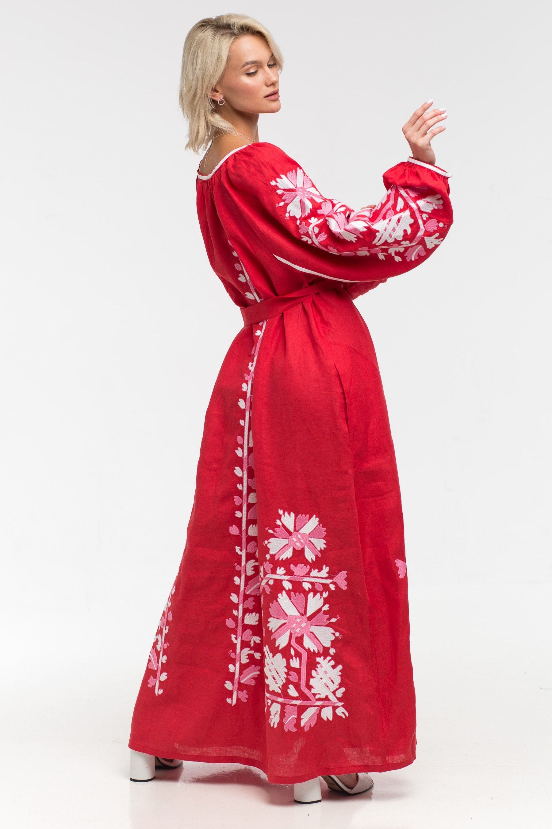 Embroidered linen maxi dress with floral embroidery Tina