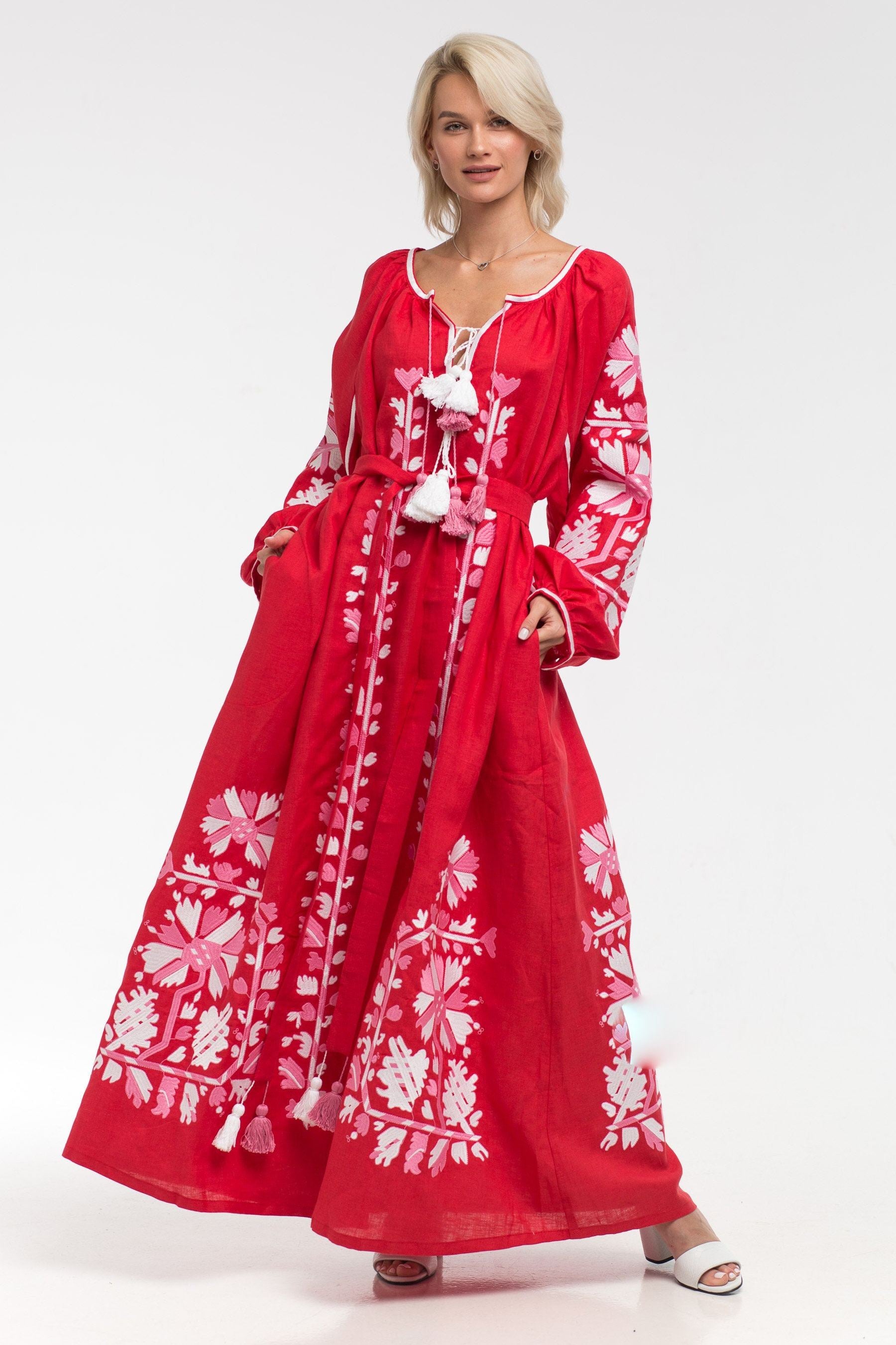 Embroidered linen maxi dress with floral embroidery Tina