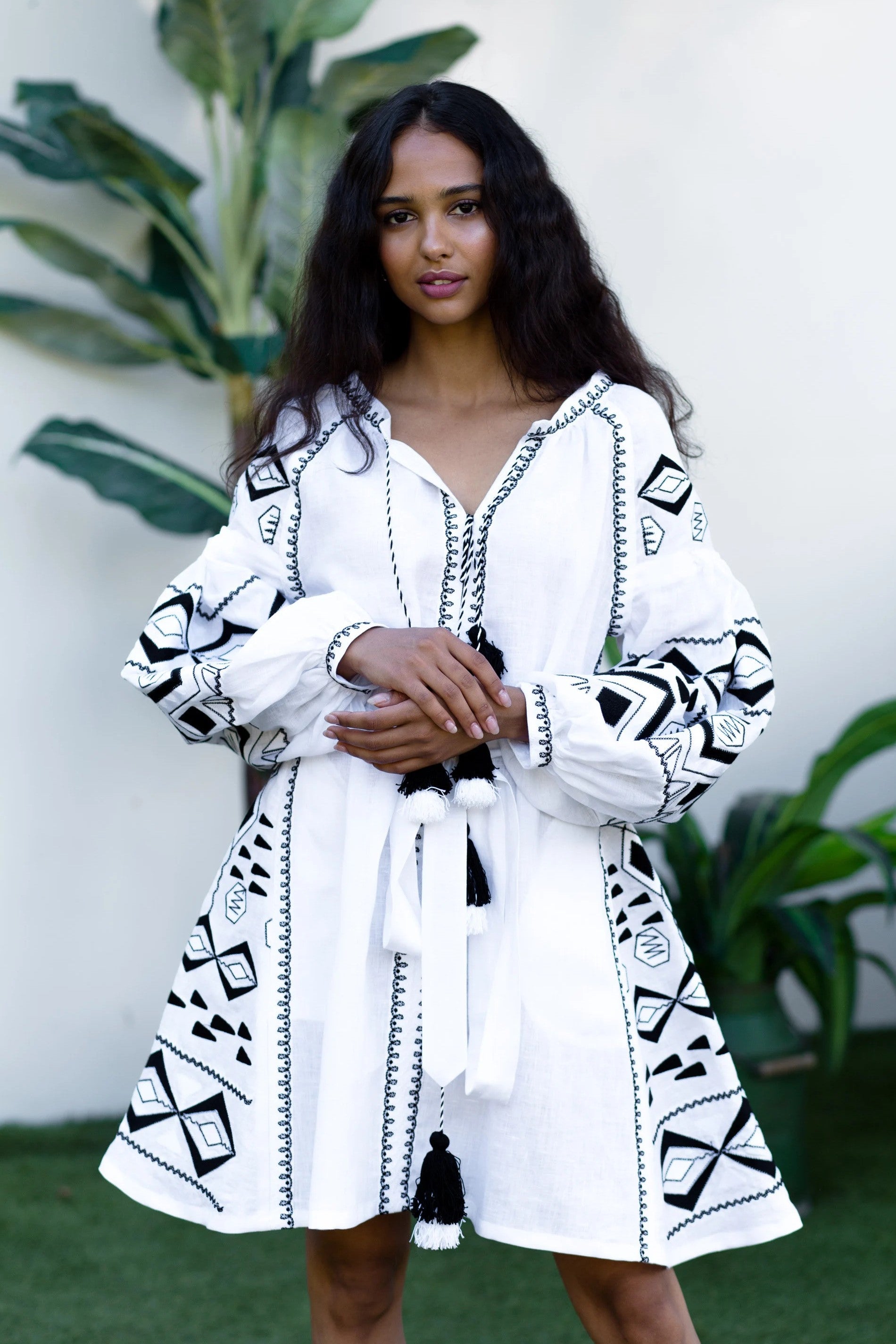 Luxe embroidered mini dress Bohemian linen vyshyvanka tunic