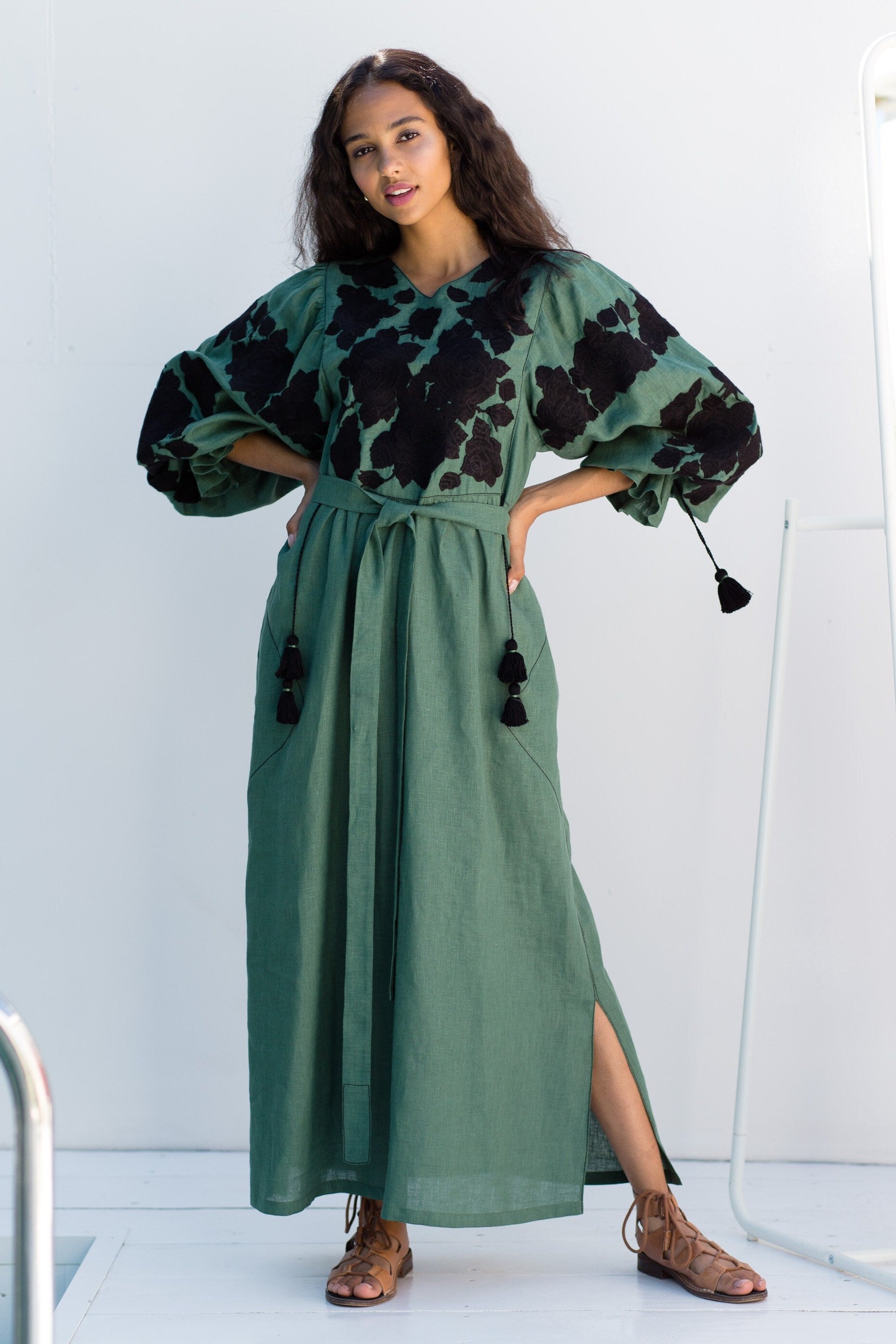 Roses garden embroidered linen dress Floral bohemian clothing