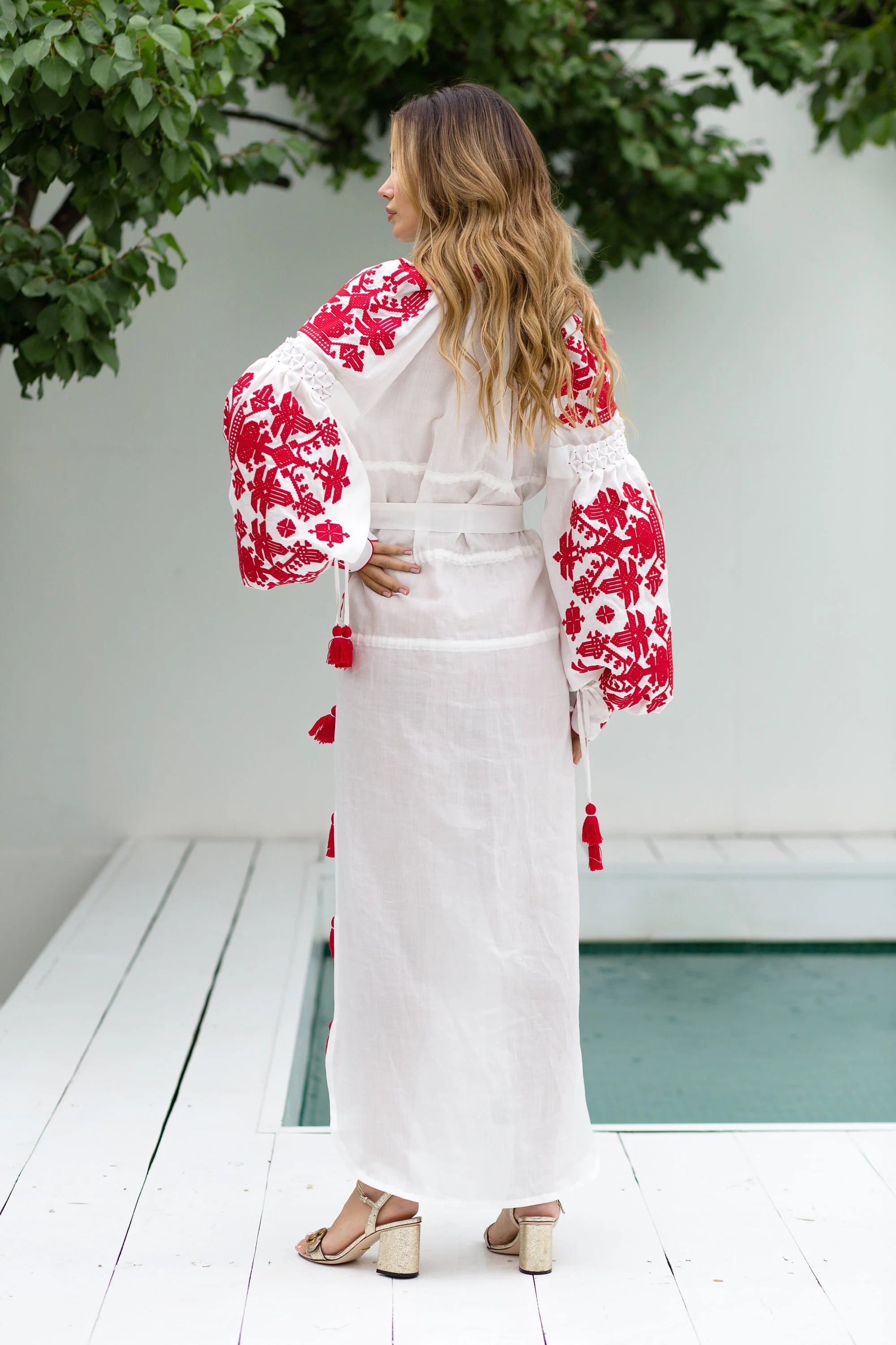 Kievan embroidered linen shirt dress with tie stripes