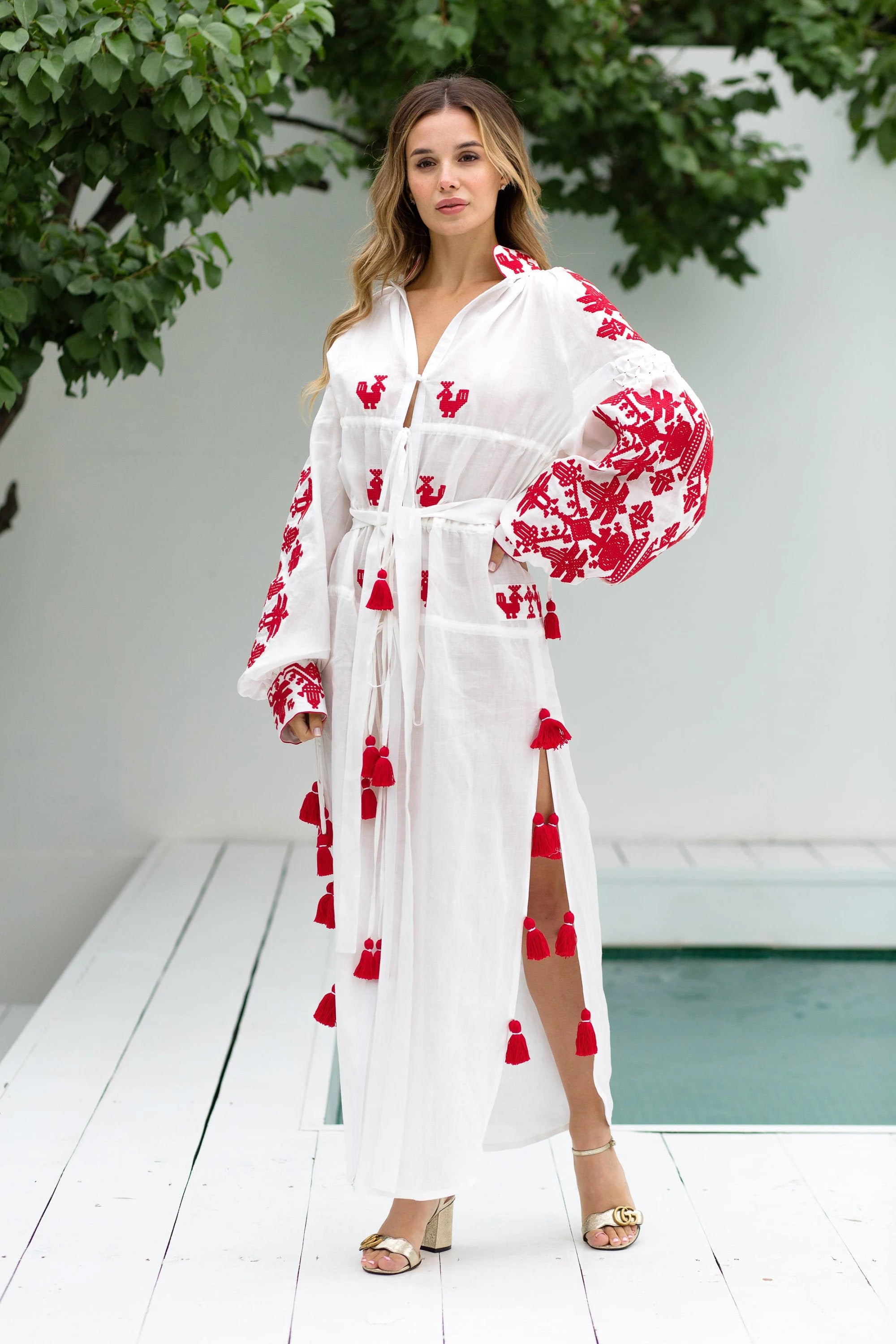 Kievan embroidered linen shirt dress with tie stripes