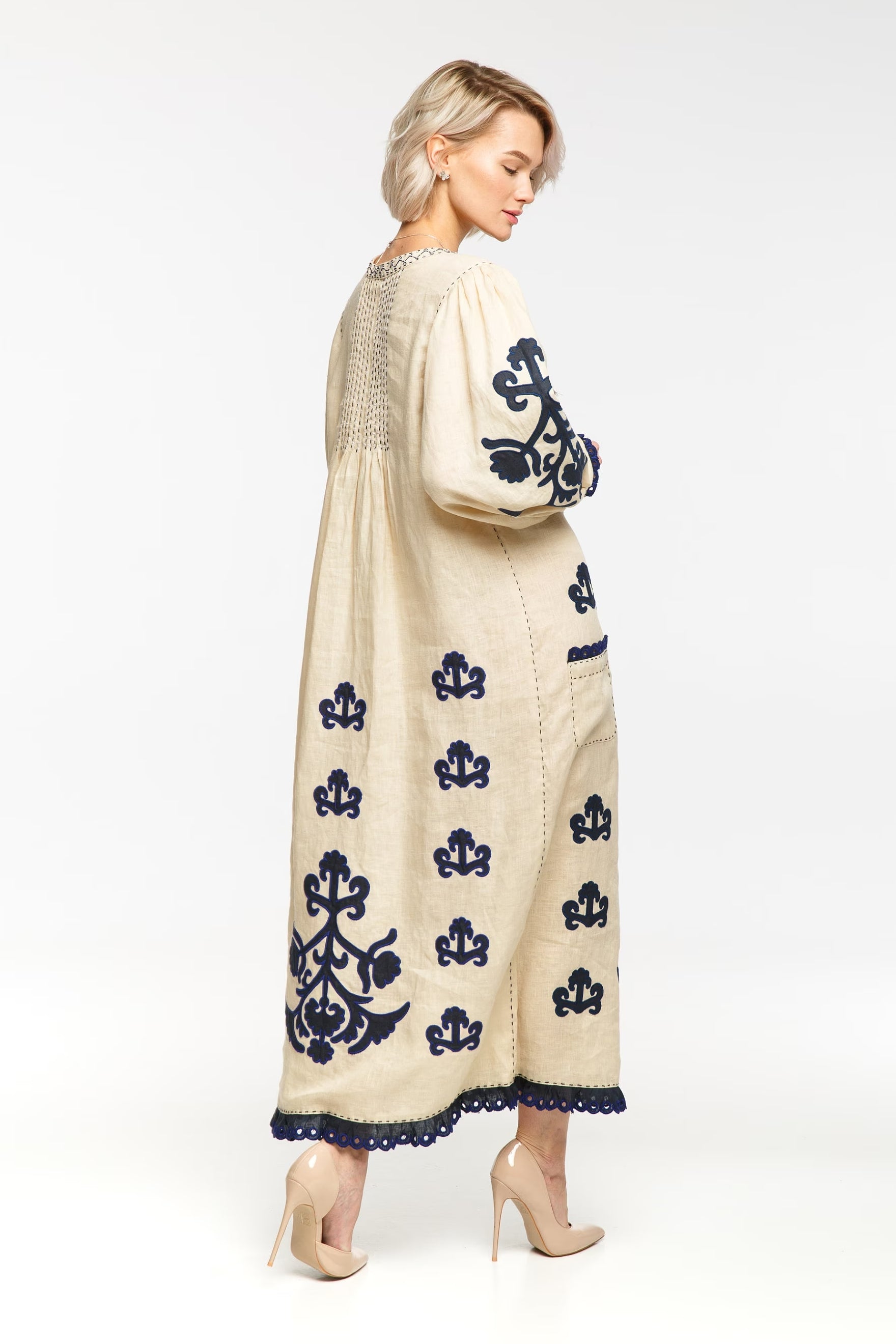 Applique beaded embroidered linen dress Daisy