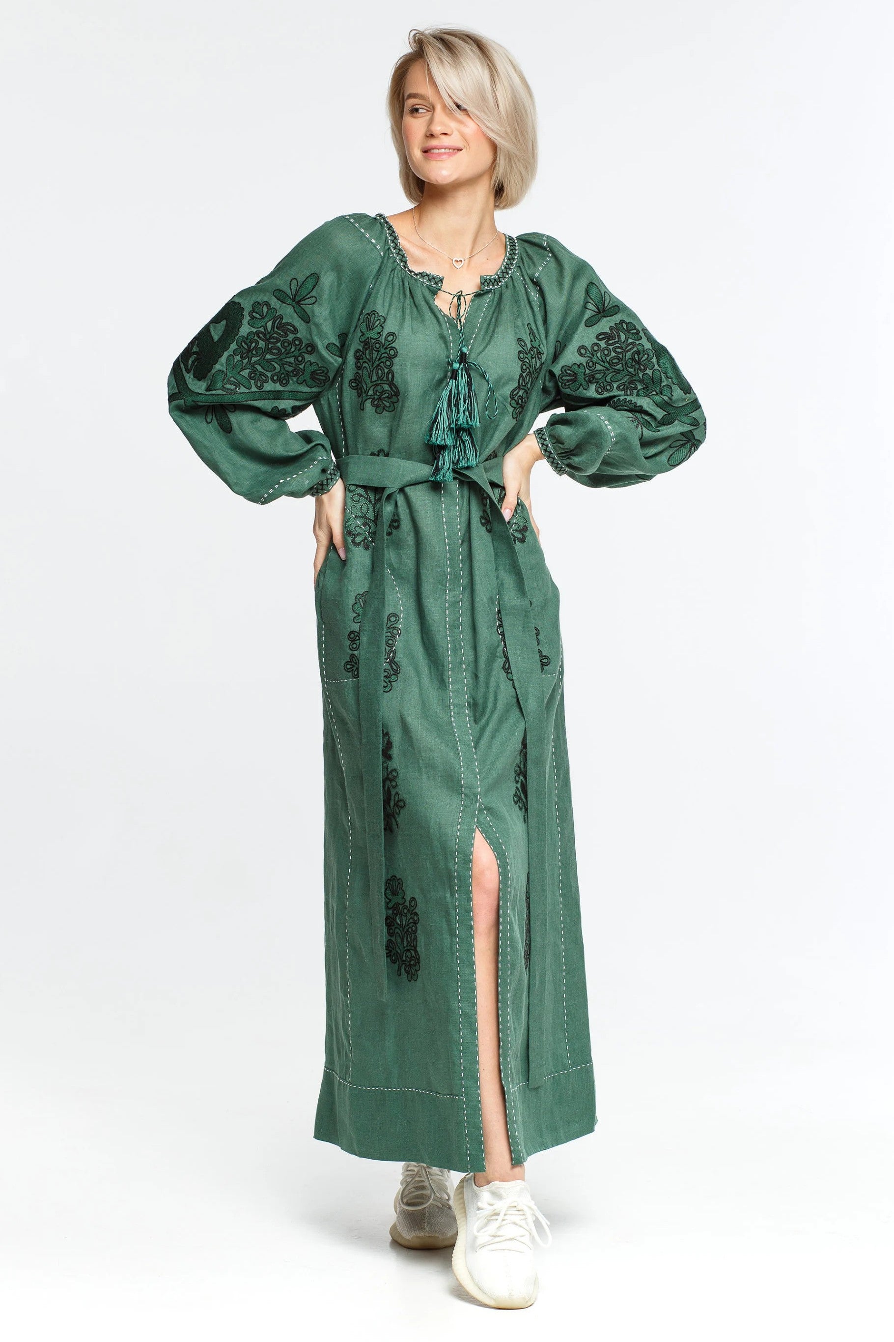 Rome embroidered linen dress maxi Ukrainian boho wedding robe