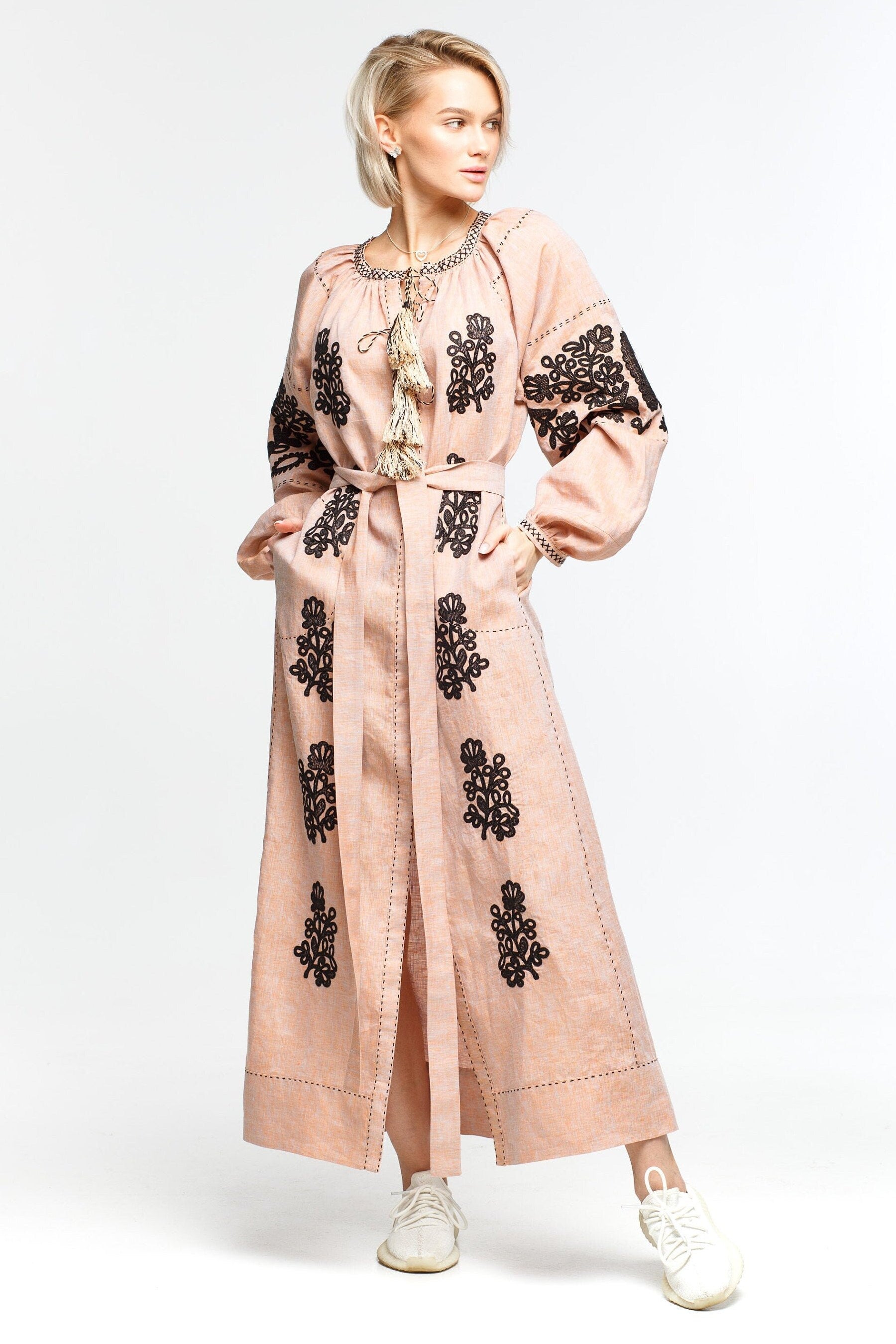 Rome embroidered linen dress maxi Ukrainian boho wedding robe