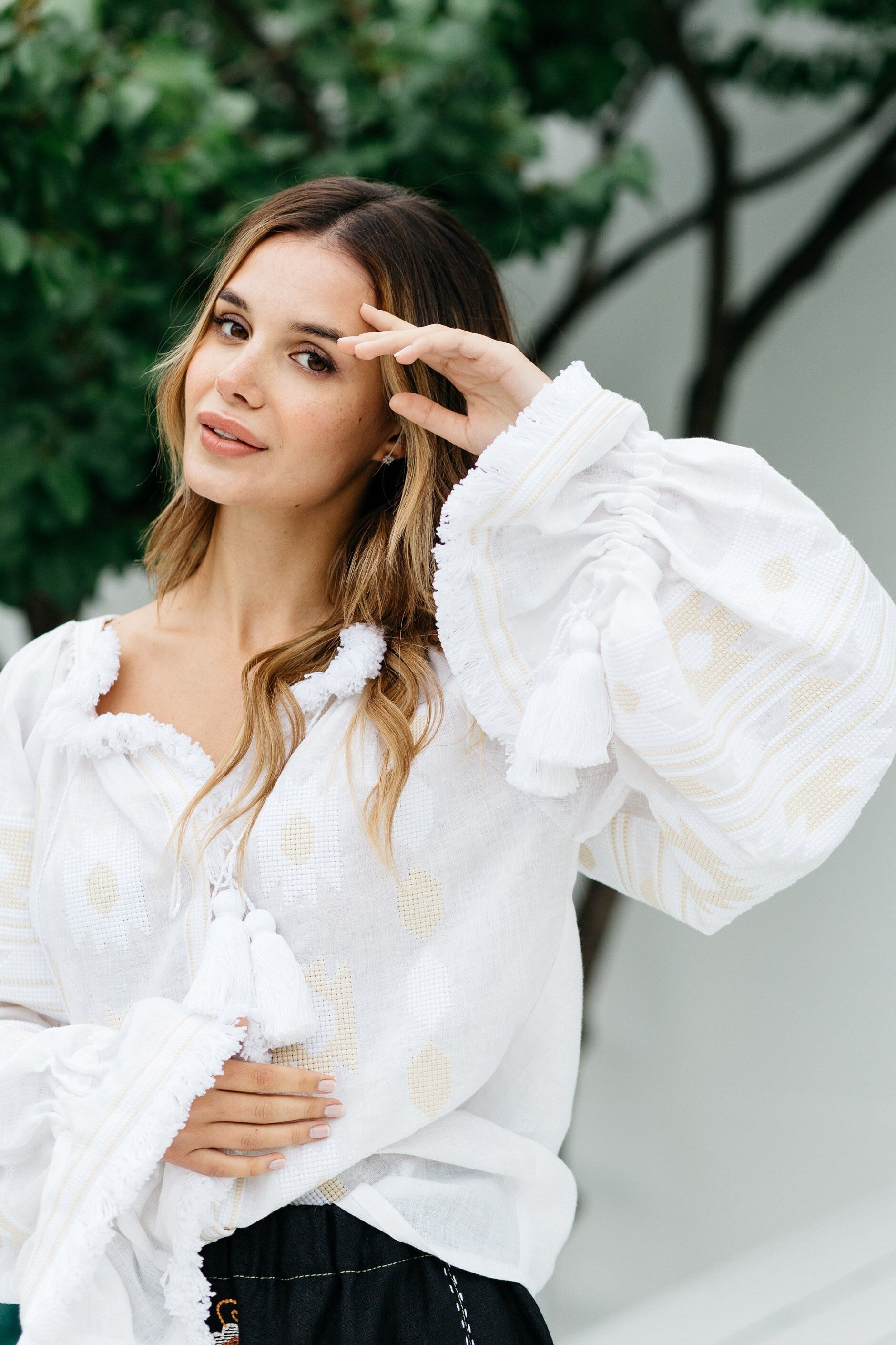 White linen blouse Embroidered bohemian summer top