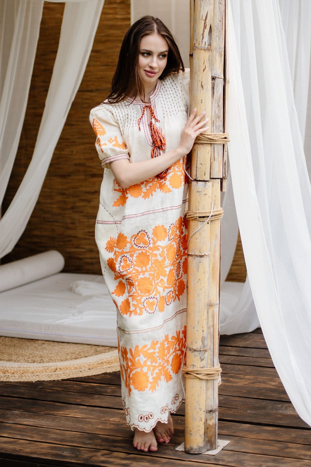 Floral embroidered linen dress Summer robe