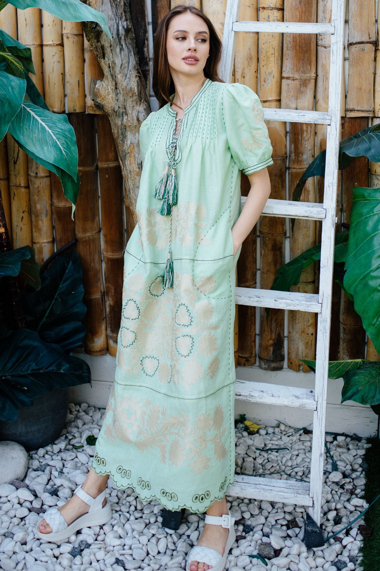 Floral embroidered linen dress Summer robe