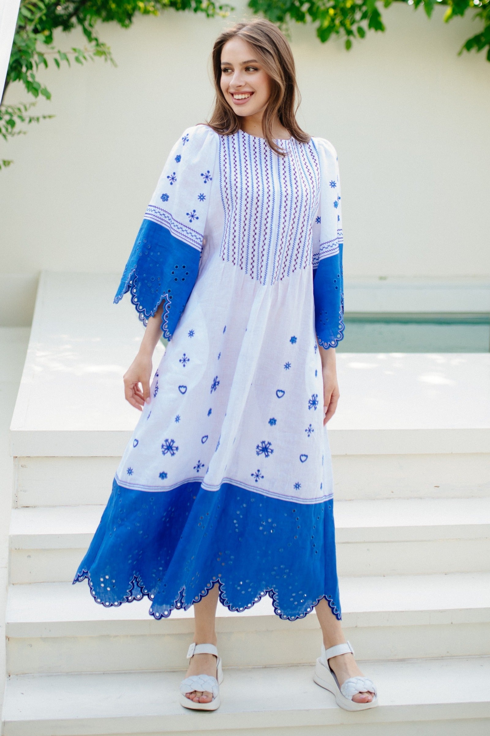 Chamomile embroidered linen dress Richelieu cutout kaftan