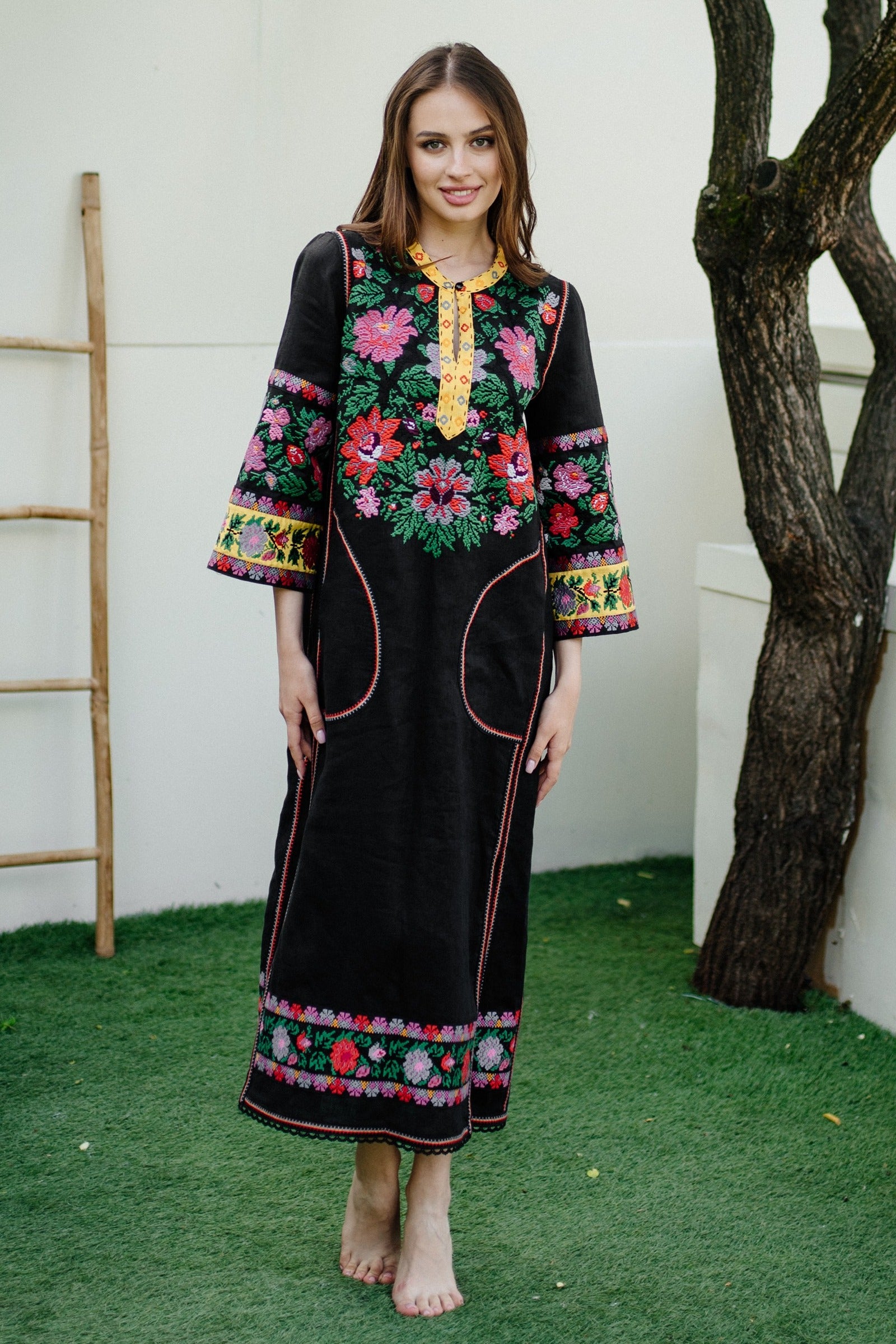 black linen embroidered dress Flor Studio Clementine Dress in Black Embroidered Linen main image 0
