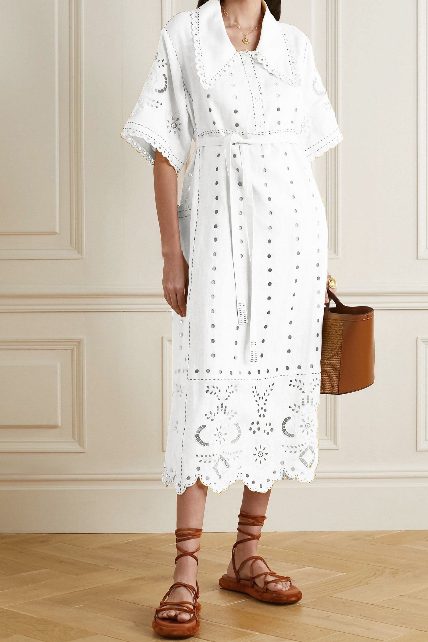 Summer linen dress Floral richelieu embroidery