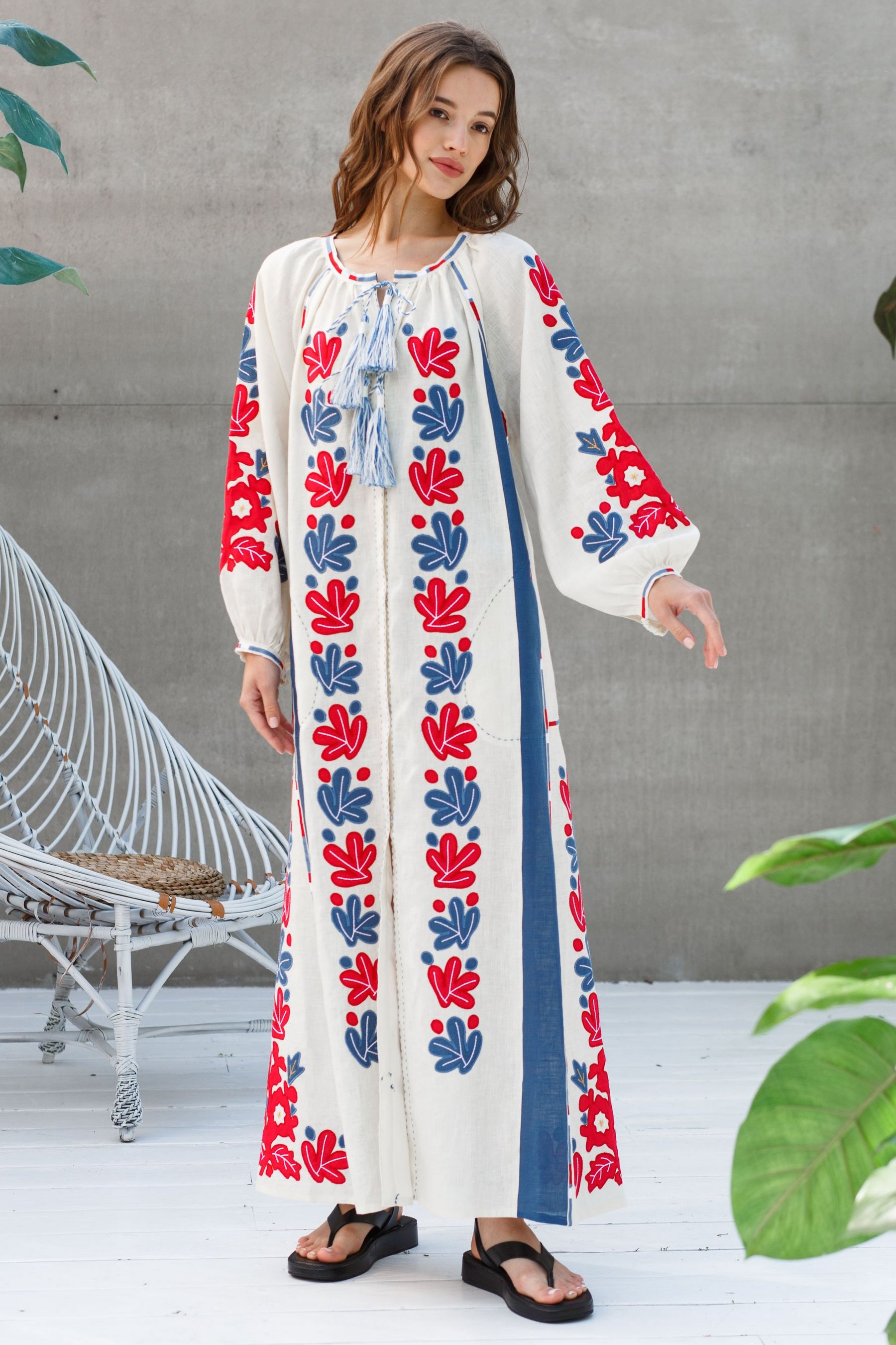 Embroidered dress with applique Leaves Ukrainian wedding outfit