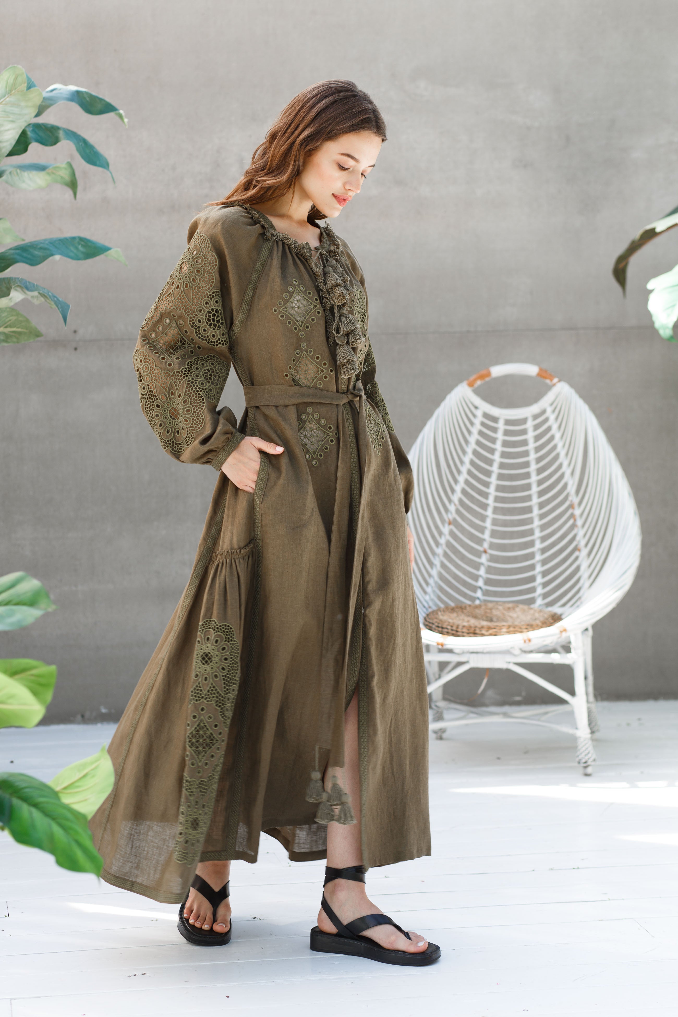 Broderie linen dress Summer richelieu embroidered kaftan