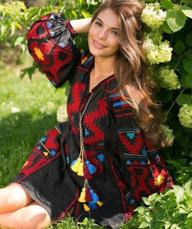 Fashion boho dress black Vyshyvanka with Ukrainian embroidery Custom bohemian kaftan abaya