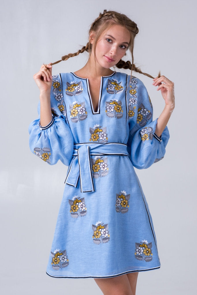 Blue embroidered boho dress in mini Fashion beach summer dress