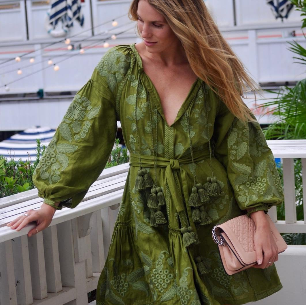 Summer linen mini dress Monochrome grapes embroidery