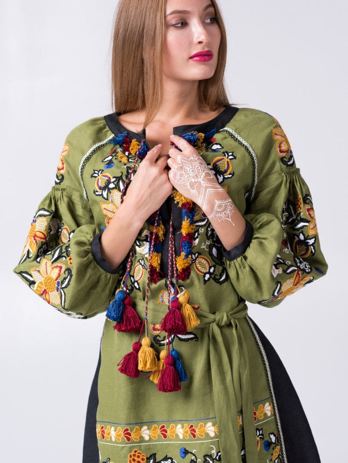 Olive boho dress with ethnic Ukrainian embroidery Fashion embroidered dress festival bohemian