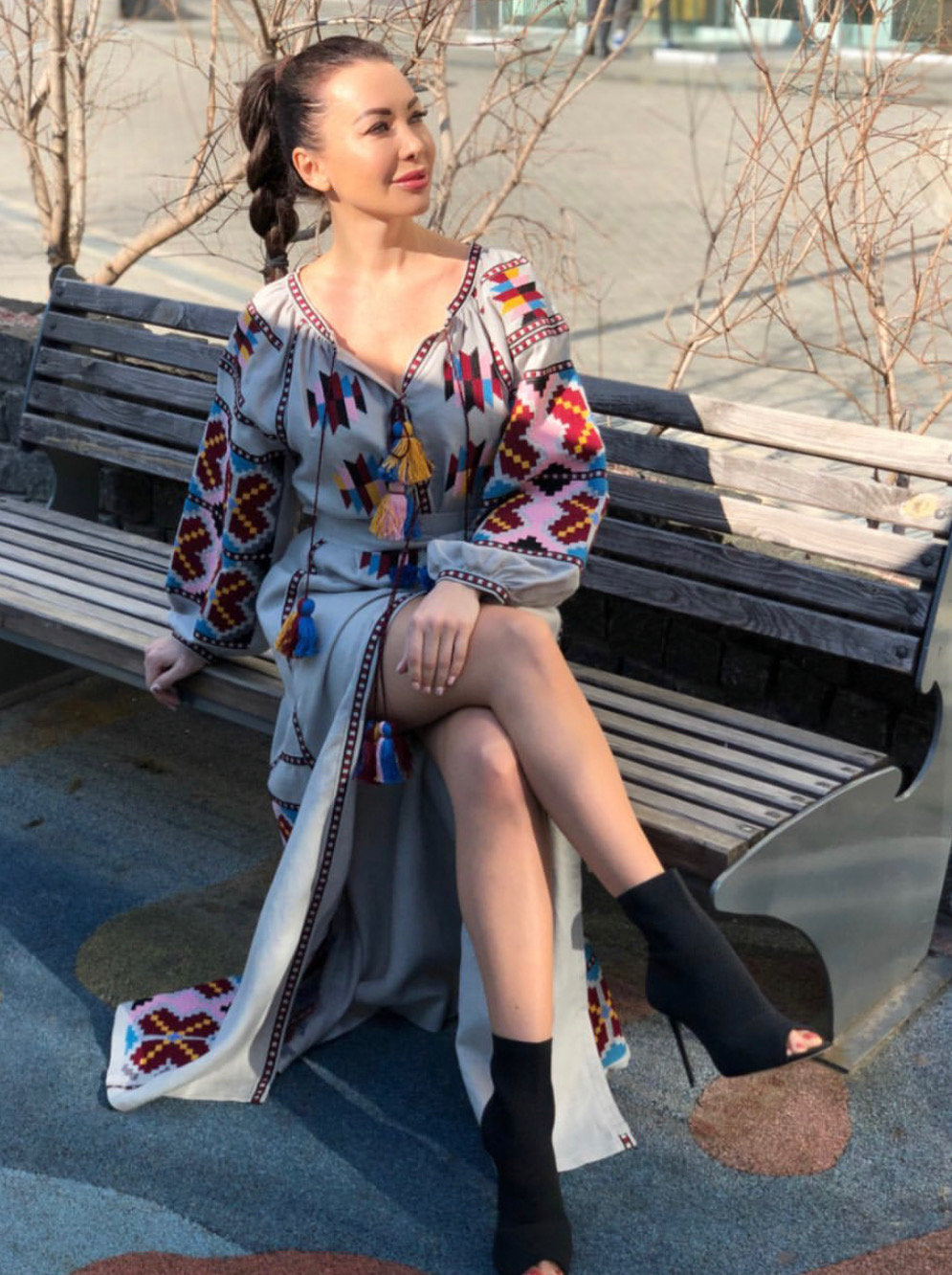 Embroidered silver boho kaftan with ethnic Ukrainian embroidery Bohemian dress