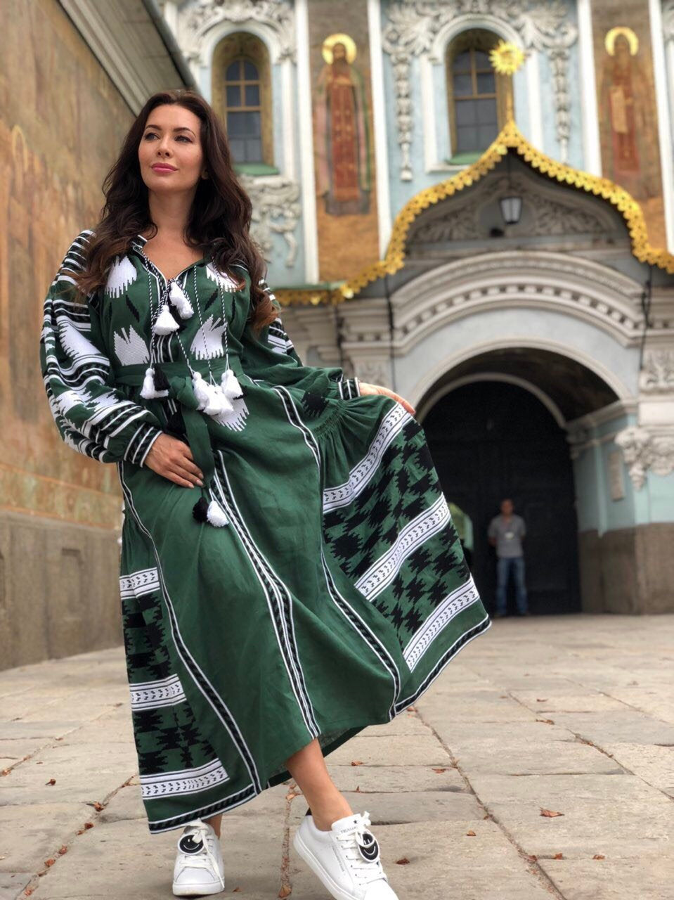 green emerald velvet dress Embroidered Fashion Dress * Vyshyvanka with Ukrainian Embroidery XL / Ankle