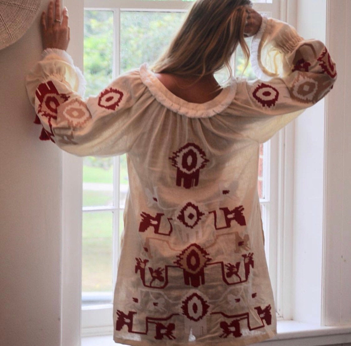 Linen dress with ethnic embroidery Beach gown