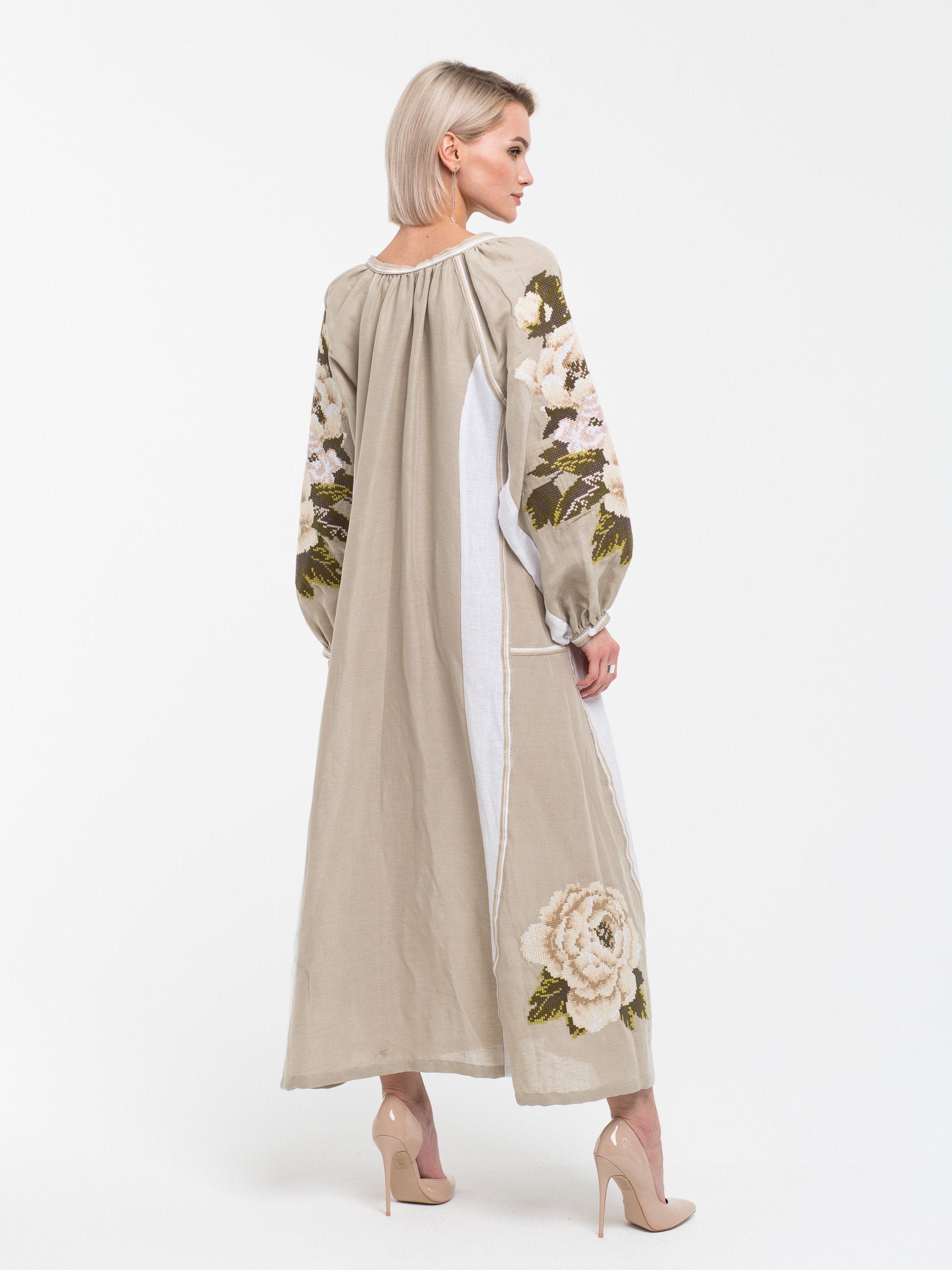 Ukrainian wedding boho dress Embroidered floral linen abaya