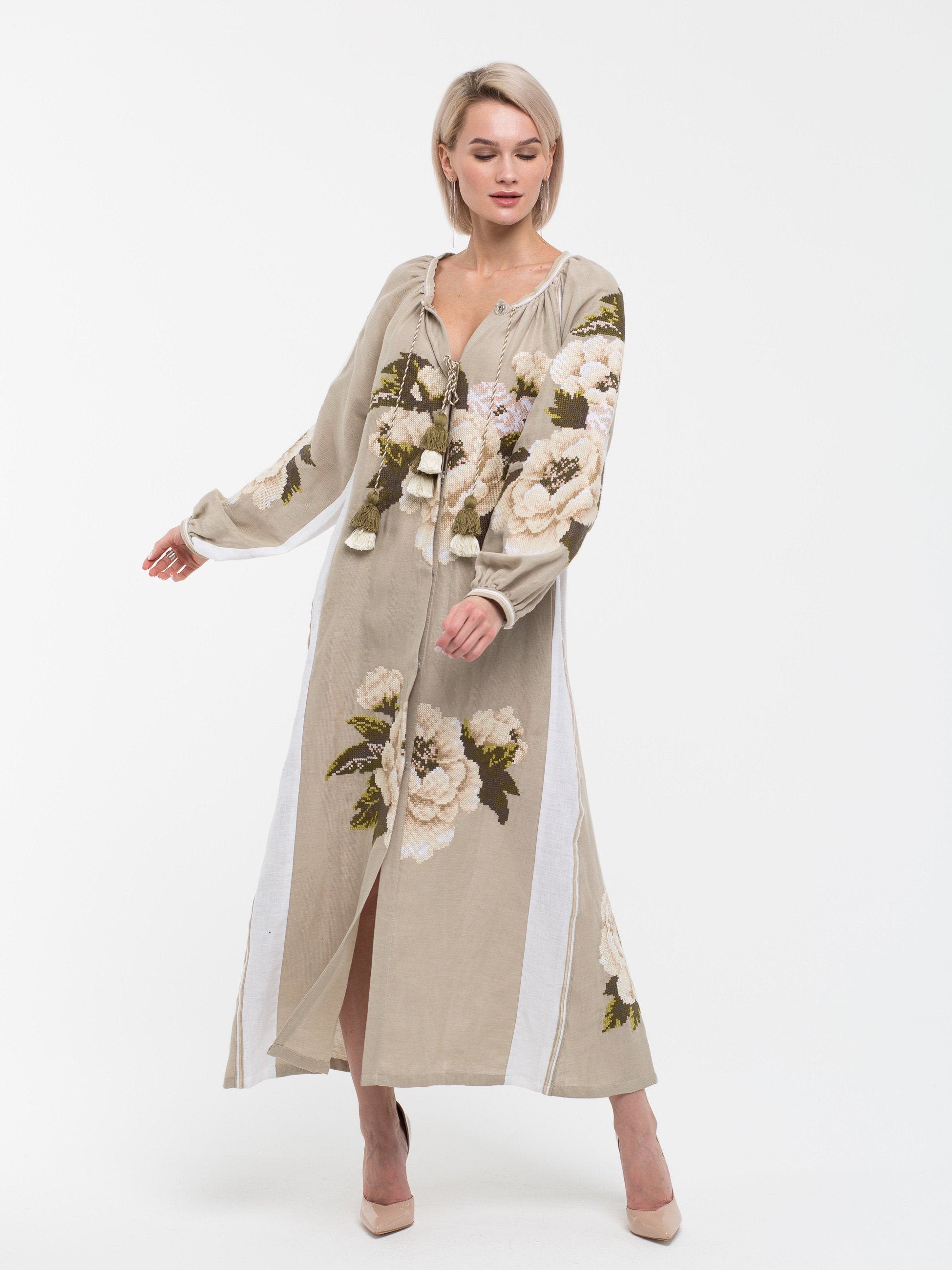 Ukrainian wedding boho dress Embroidered floral linen abaya XS / Floor Ukrainian wedding boho dress Embroidered floral linen abaya XS / Floor