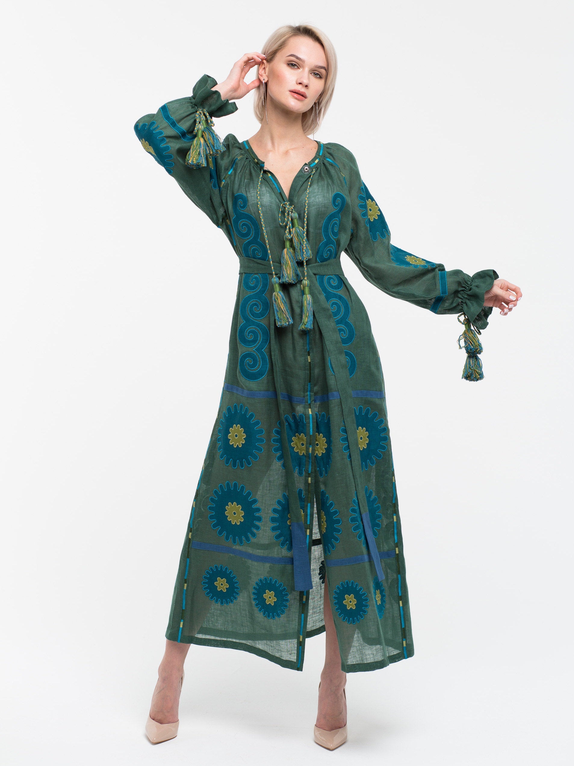 Applique embroidered linen dress Boho summer robe