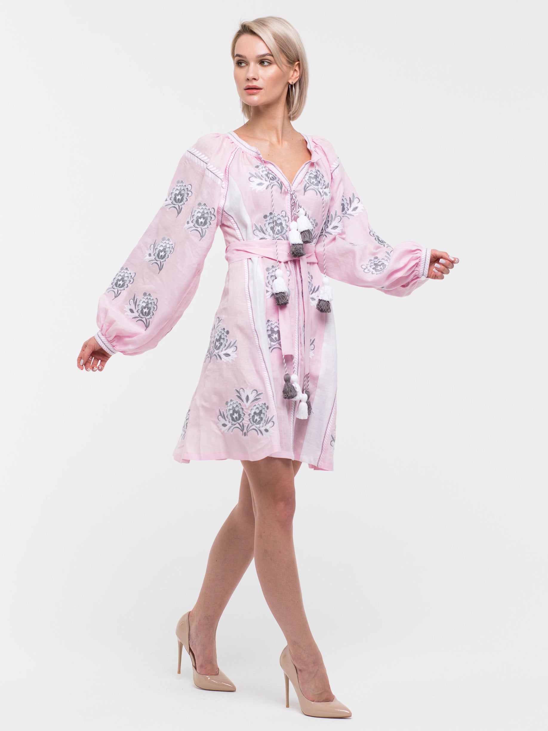 Pink dress Bohemian wedding outfit with floral ukrainian embroidery