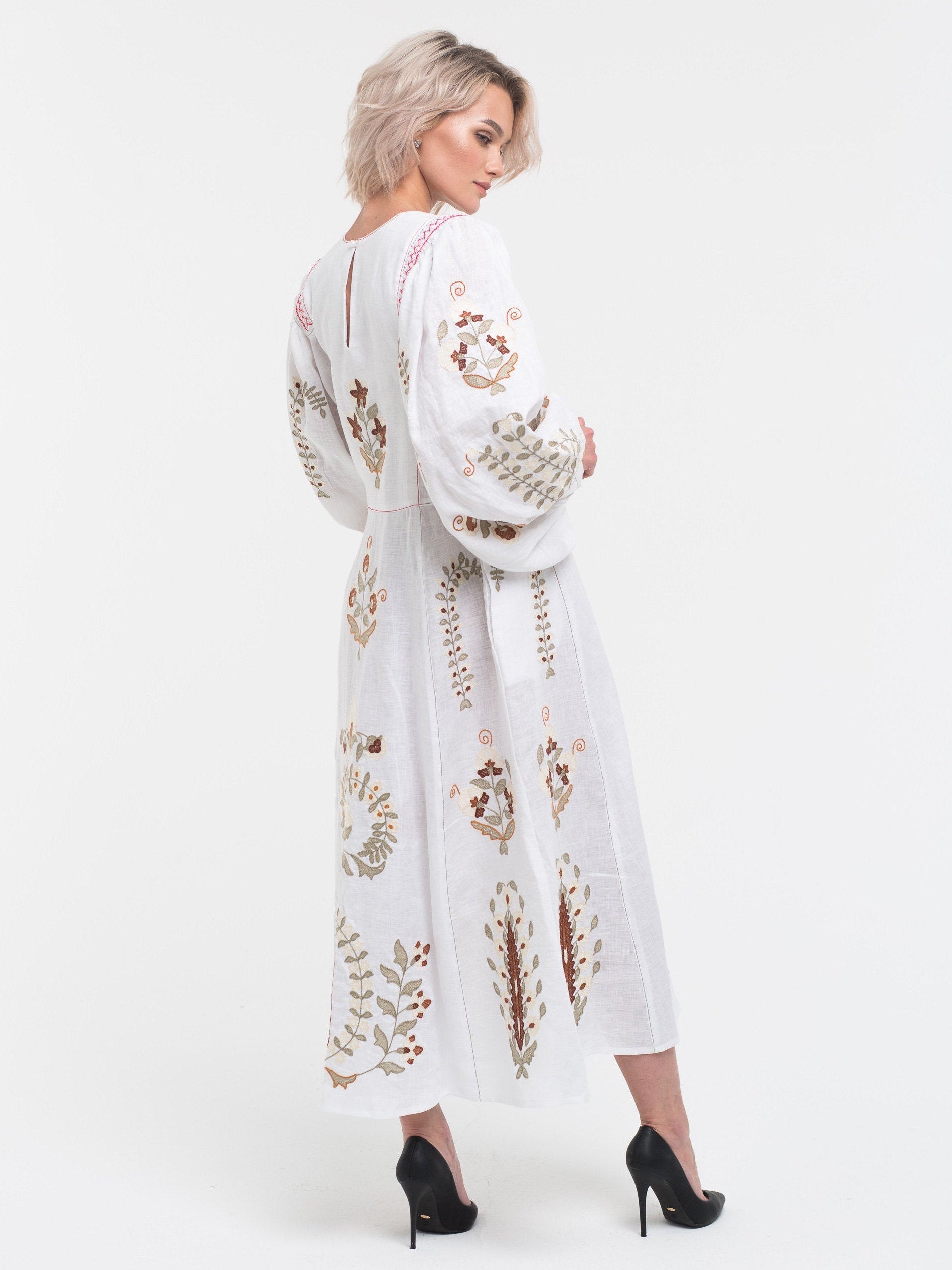 Summer linen dress Floral embroidery Patchouli