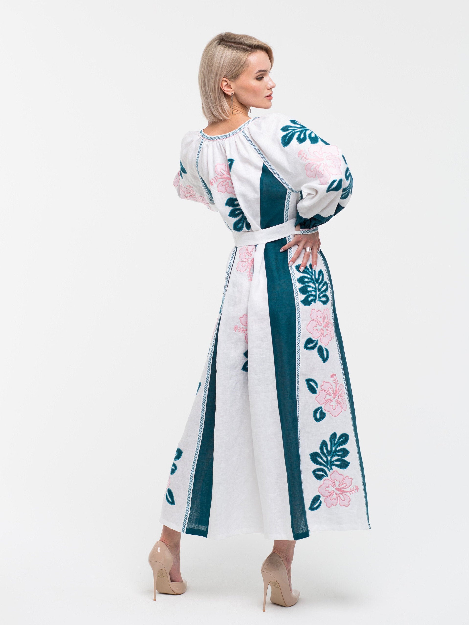 Fashion tropical embroidered dress with applique embroidery Ukrainian floral vyshyvanka